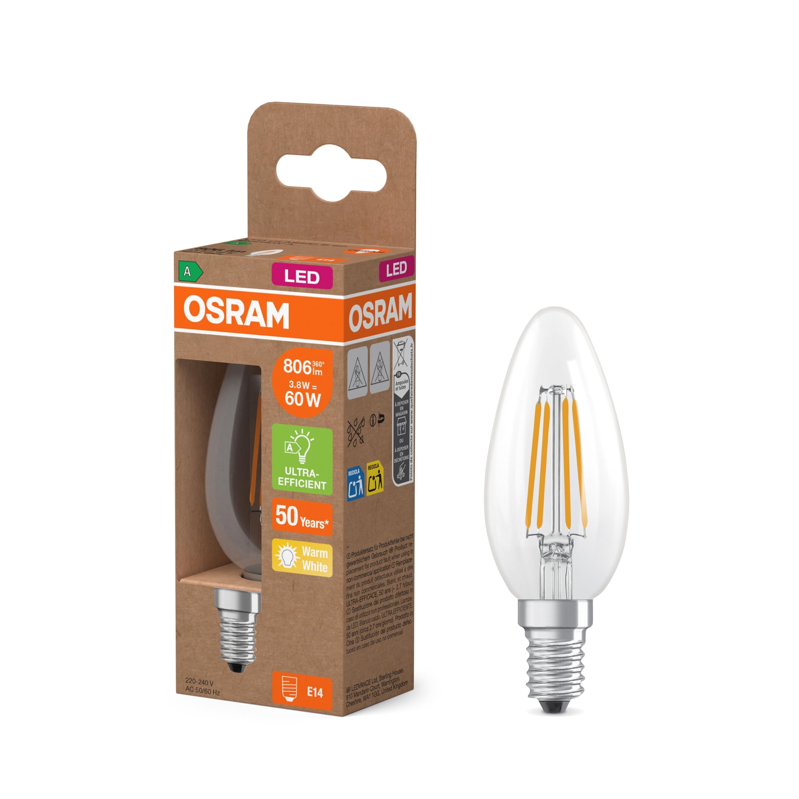 Osram Energy Class Classic Mini Candle, 3.8 W/806 lm, EEK A, Warm White Light (2700 K), CRI 80, Clear Lead-Free Glass, E14 Base, IP20, Diameter 35 mm.
