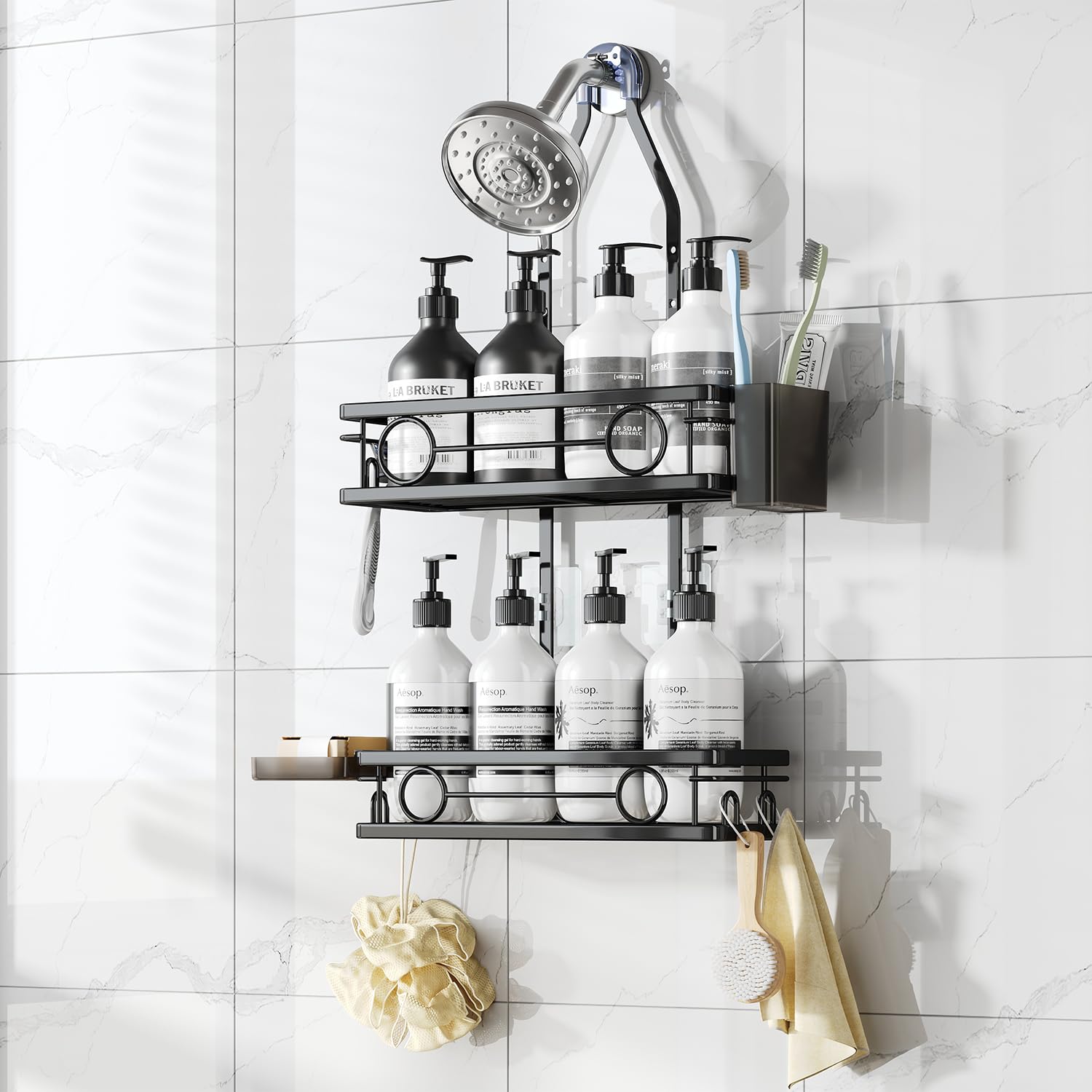 Dotpilgo Adjustable Shower Caddy Hanging Rustproof Large-Capacity Bathroom Organizer Shower Racks with Hooks for Razor Bathroom Organizers and