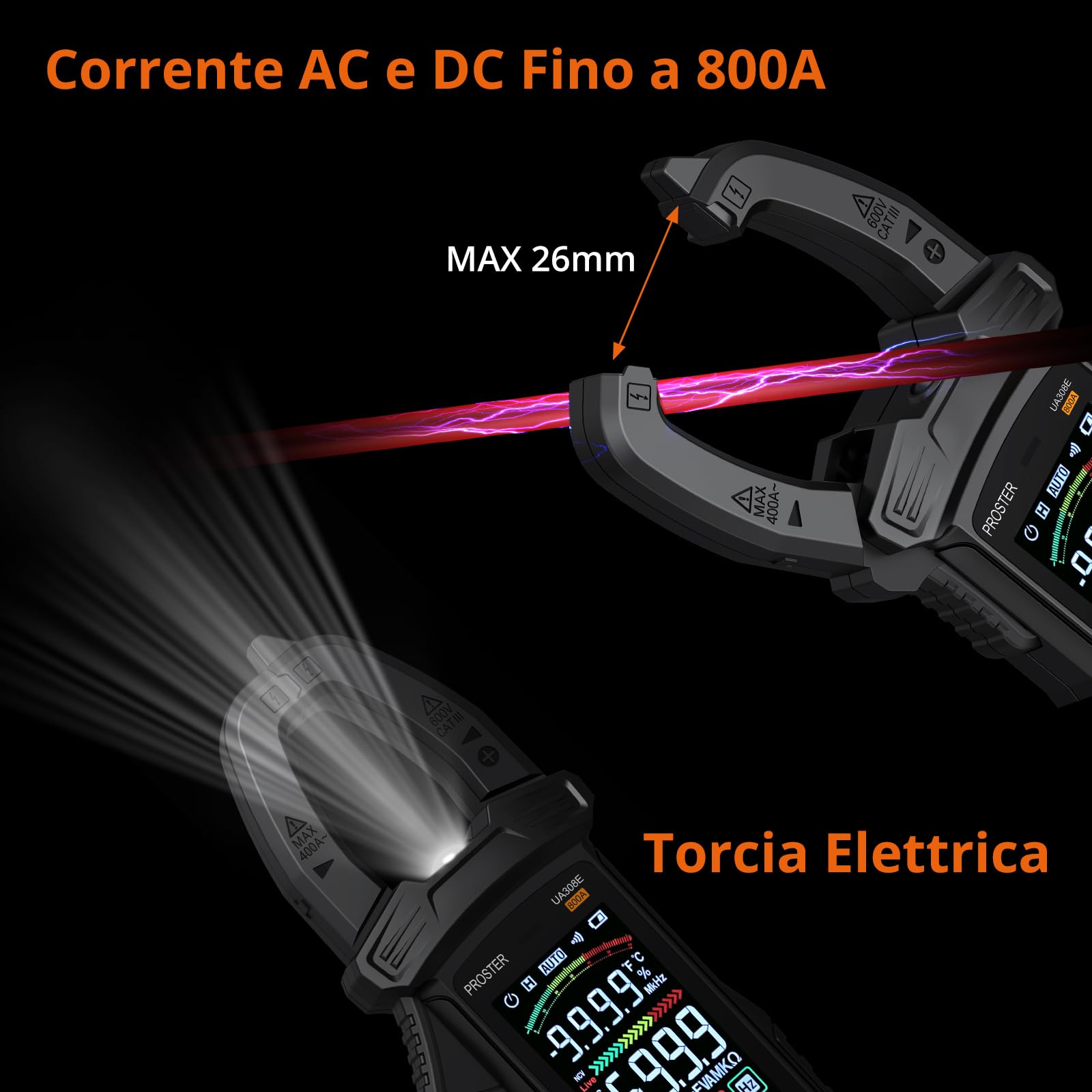 Proster Pinza Amperometrica Intelligente a Nero Auto-Ranging 800 AC/DC Tensione e Corrente 6000 Conti Test di Resistenza Diodo Capacitanza Temperatura 10MHz LIVE NCV con Display Analogico a Barre