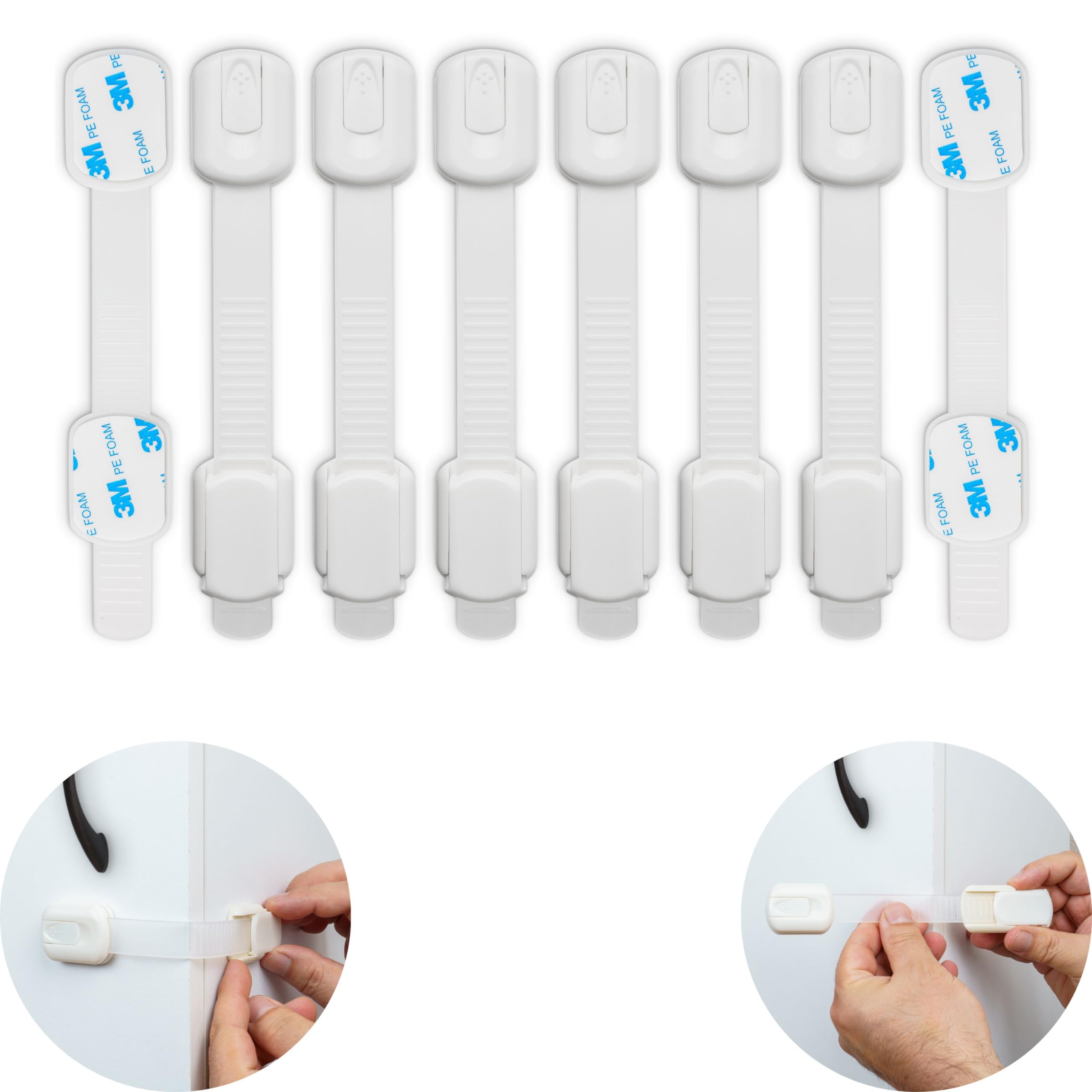 Multi-Purpose Child Safety Locks, 8 pcs, White-Transparent, for Cabinet, Drawer, Toilet, Trash Can, Microwave, Refrigerator, Baby Safety Strap, Baby Proof Cupboard Latches, Toddler Proofing Lock