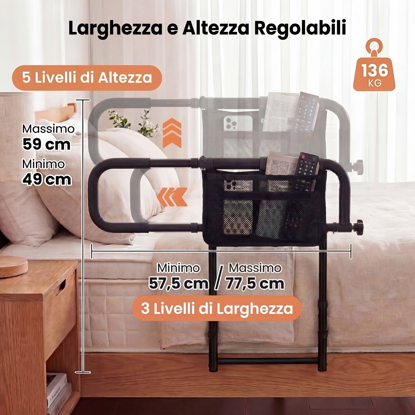 COSTWAY Sponda Letto Anziani Regolabile e Pieghevole, Altezza/Larghezza Aggiustabile, Tasca Rimovibile, Maniglie Imbottite e Base a U, Adatto a Letti King/Queen, Supporto fino a 136 kg (Nero)