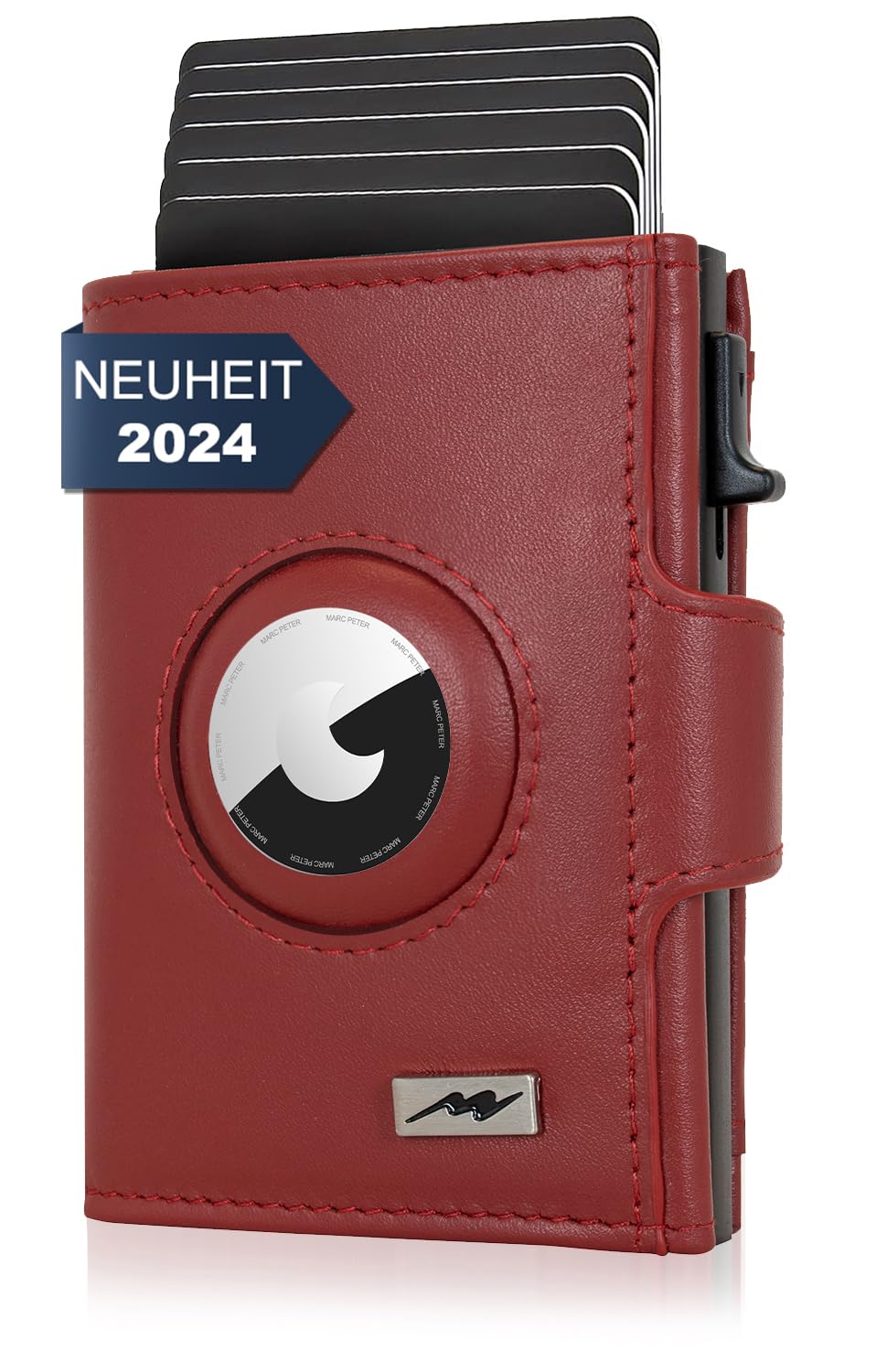 Marc Peter Chicago Push Air Slim Wallet - AirTag-portemonnee met muntvak - RFID-bescherming - kleine mini-portemonnee van leer, Rood, XL MÜNZFACH MIT AIRTAG FACH, Klassiek