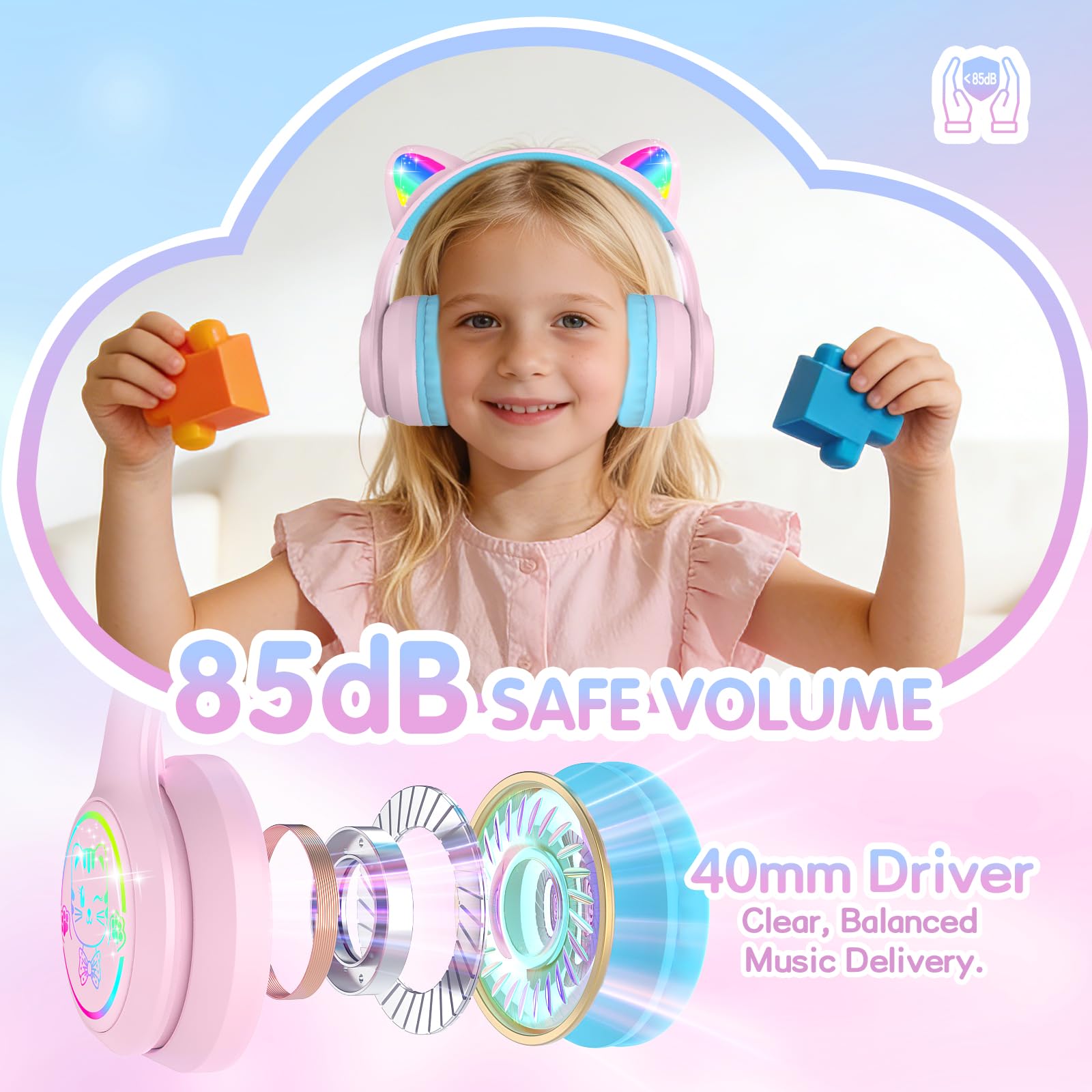 IFECCO Cuffie Bluetooth per bambini senza fili con custodia – Cuffie over-ear con luci LED, orecchie da gatto, limitazione del volume a 85 dBA, microfono integrato, compatibili con iPad/tablet/scuola