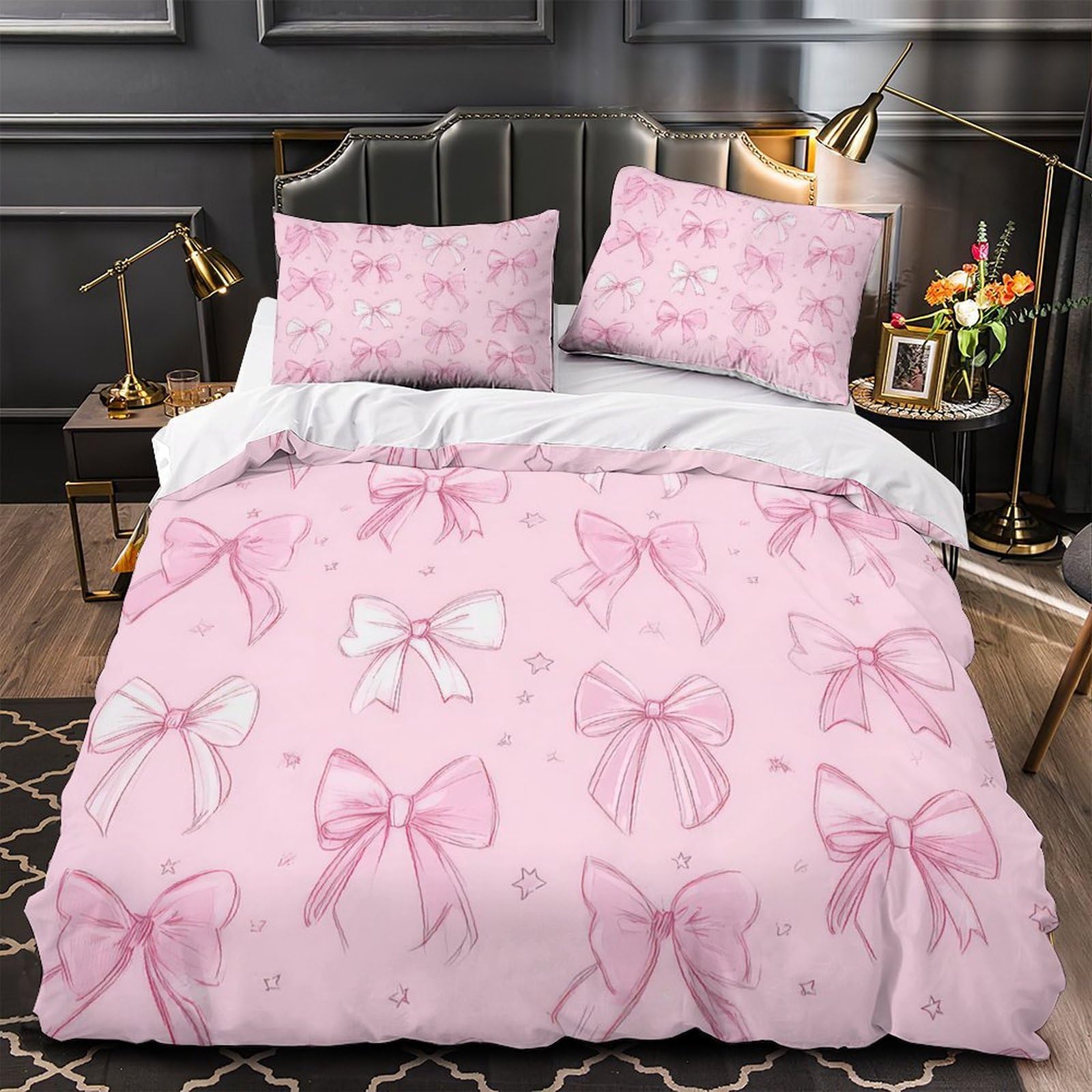 Parure de lit motifs nœuds roses housse de couette single 140x200