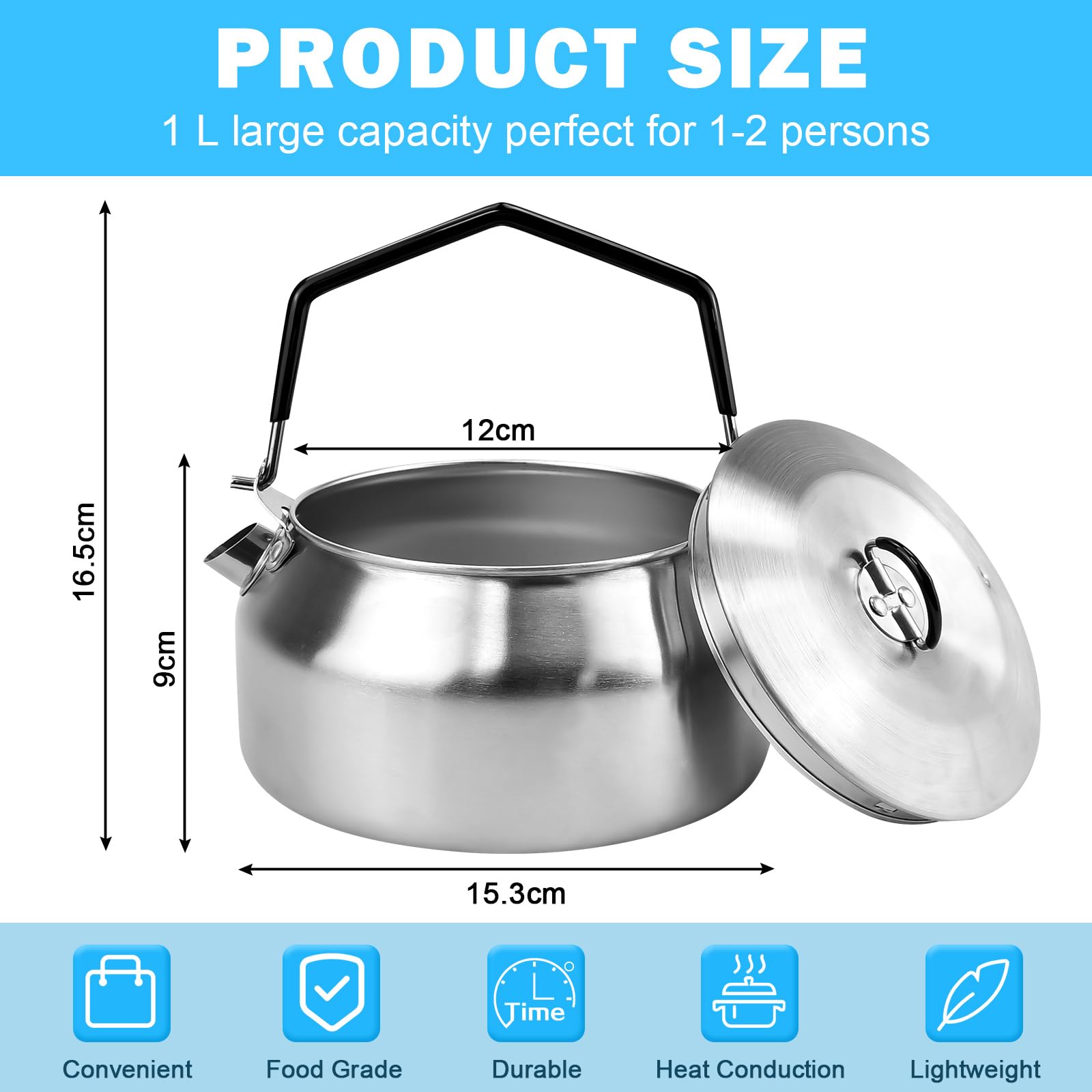 BUZIFU Tetera de Acero Inoxidable 1 L, Hervidor de Agua para Camping Portátil, Tetera Acampada con Mango, Hervidor de Agua para Acampar, Tetera de Metal para Camping Senderismo Picnic