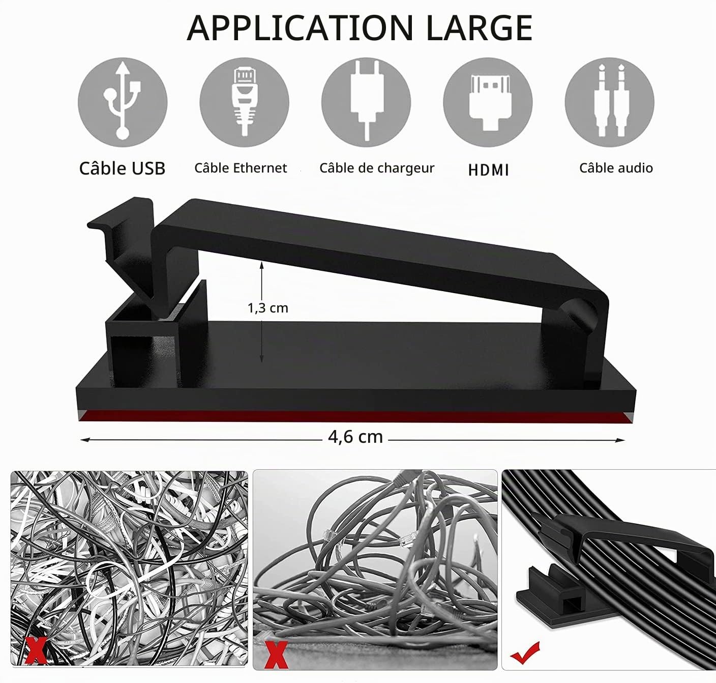Moseem Kit de gestion de câbles 114 pièces, goulotte de câble de 2 m, 100 serre-câbles de fixation, 2 supports de câble en silicone et 10 clips de câble pour TV, ordinateur et bureau.