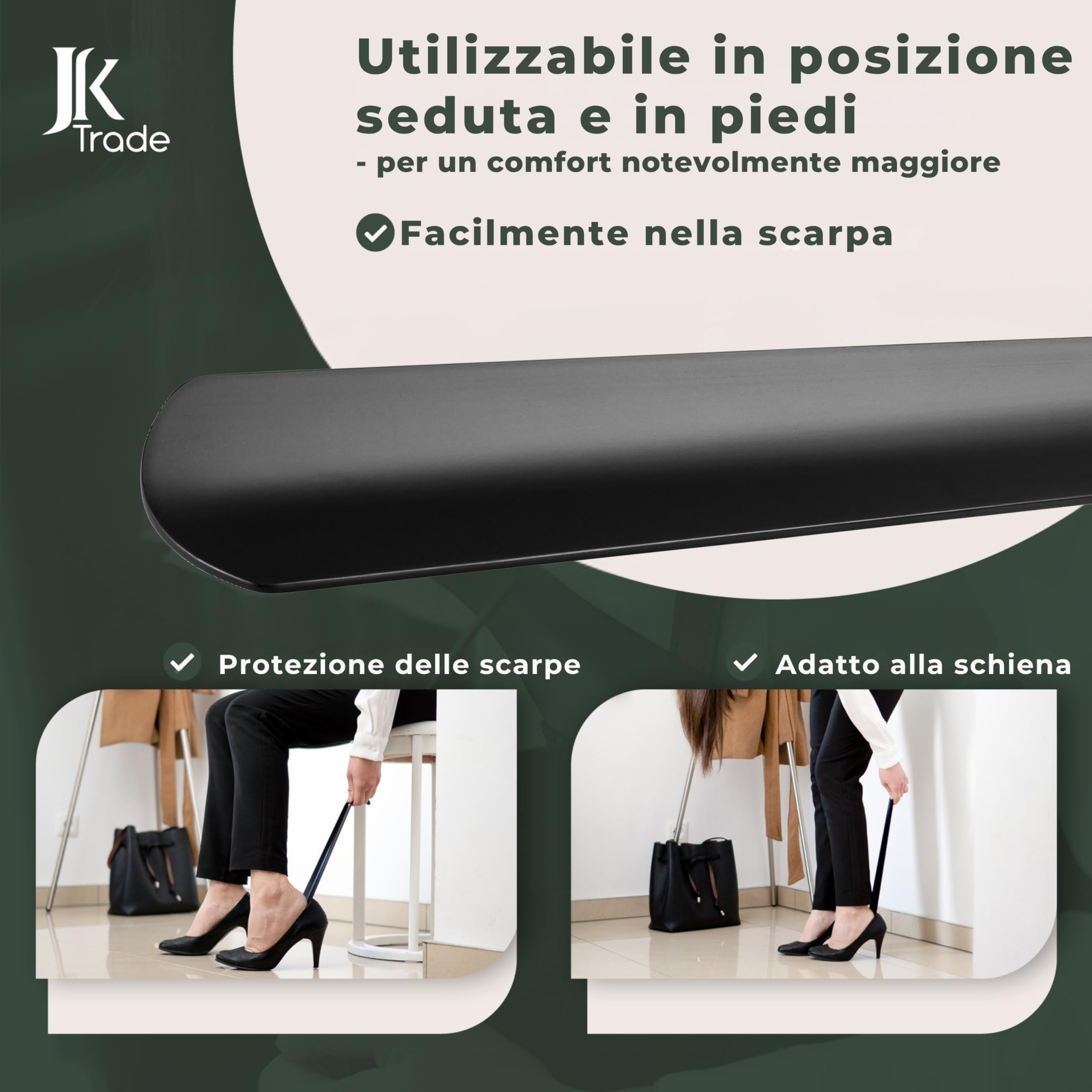 JK Trade® L'originale, calzascarpe in acciaio inox resistente, 72 cm, lungo da appoggiare, in modo rapido e delicato sulla schiena, lunghezza e larghezza ideali, adatto per le scarpe da lavoro