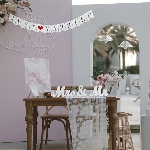Miniatura 3 de Señal de Mr & Mrs para mesa de boda, letrero grande de madera blanca con texto en inglés "Mr and Mrs & Just Married", decoración de mesa de novia