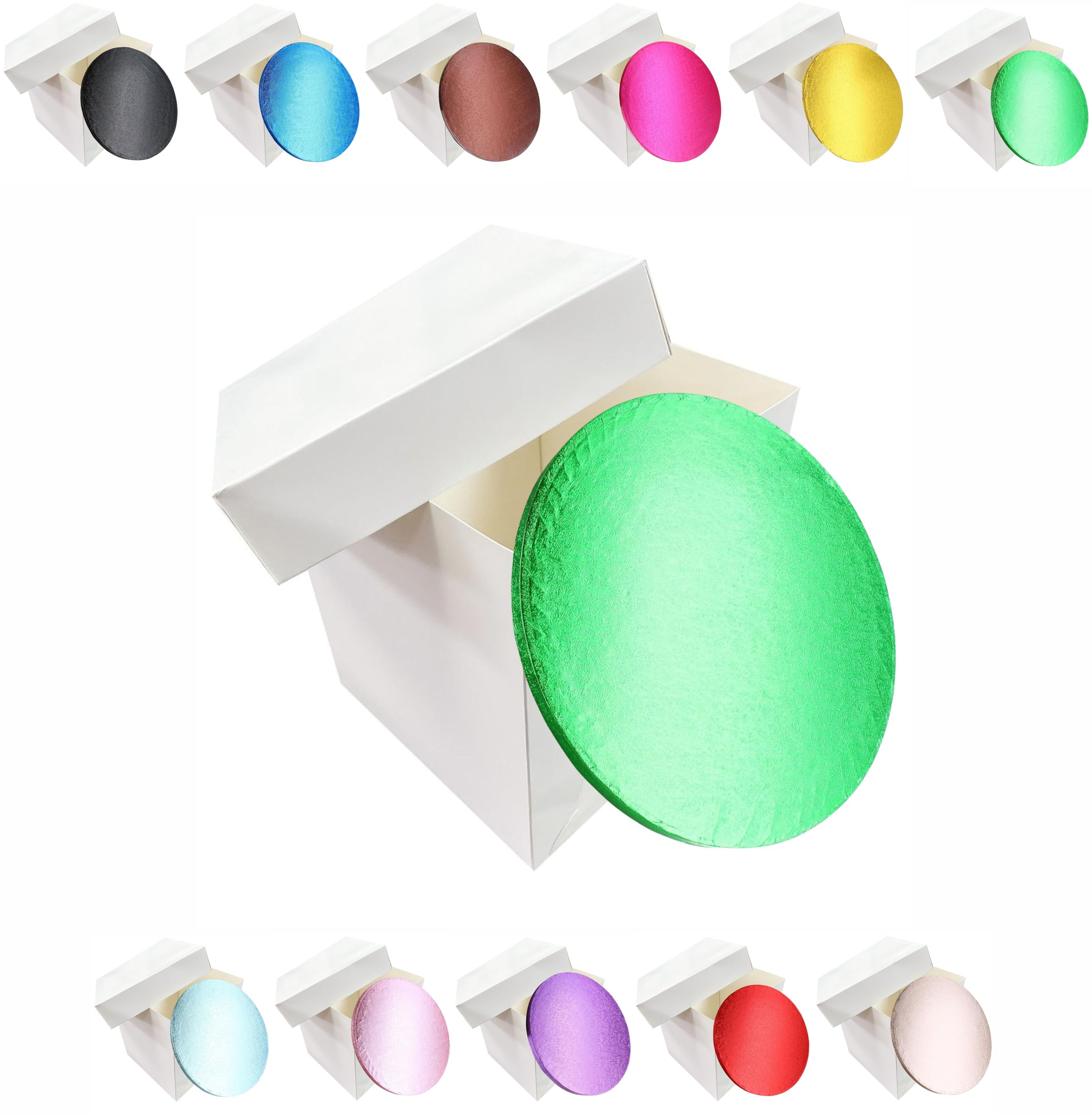 LARRYROO Tall White Extra Deep Cake Box + Lid & Round Colour Cake Drum Board Combo Pack for High Celebration, Wedding, Birthday Cakes (Green, 14 Inch)