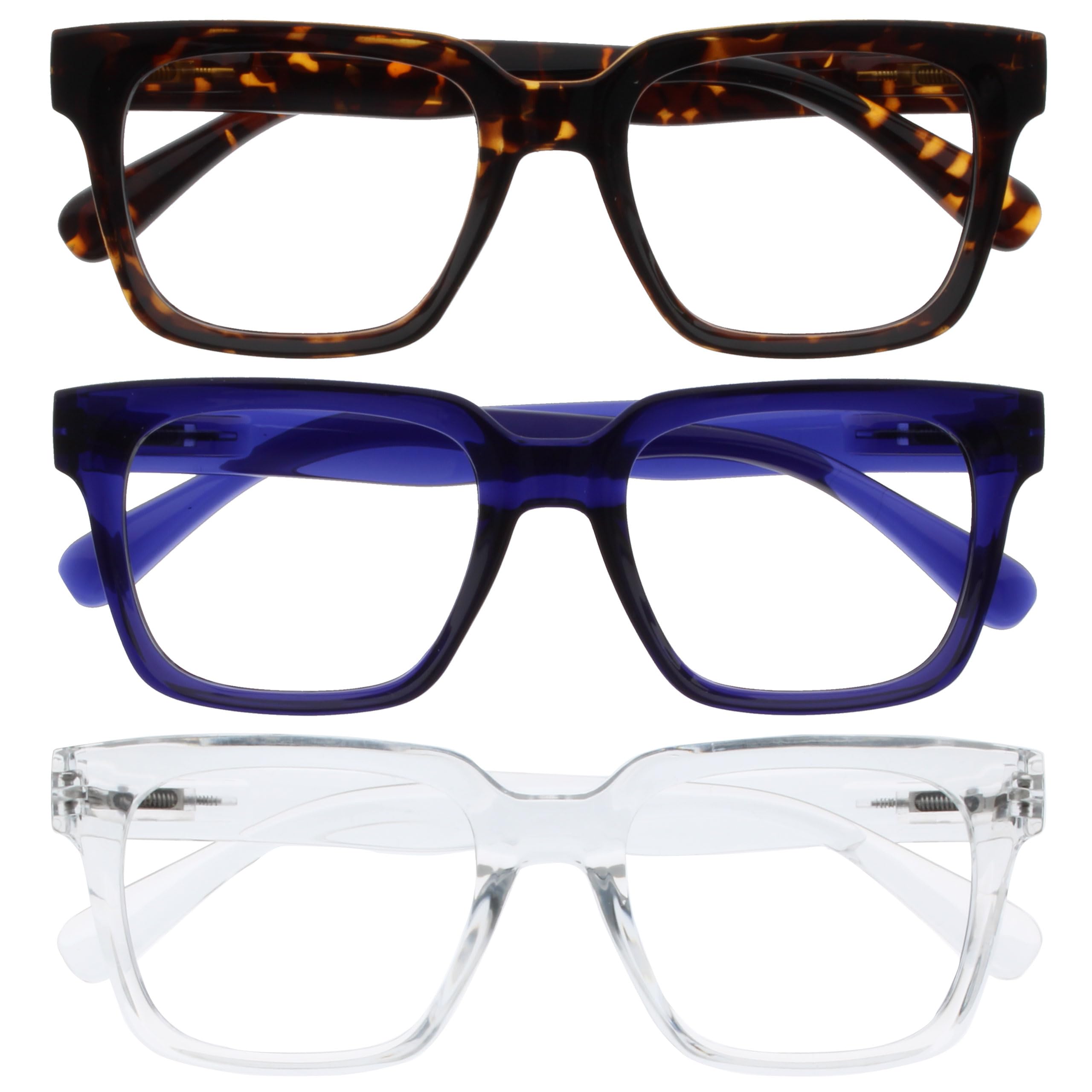 OPULIZE ERA Blue Light Glasses for Women & Men-Clear Lens-Anti-Glare-UV400 Protection-Oversized Frame-Computer Screen Glasses-Brown Blue Clear-+0.00(Pack 3 of with 3 Pouches)