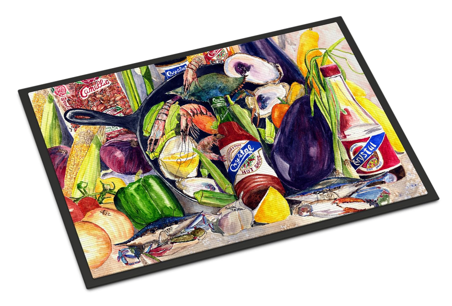 Caroline's Treasures 8641JMAT Crystal Hot Sauce with Camellia Beans and Black Skillet Doormat 24x36 Front Door Mat Indoor Outdoor Rugs for Entryway, Non Slip Washable Low Pile, 24H X 36W