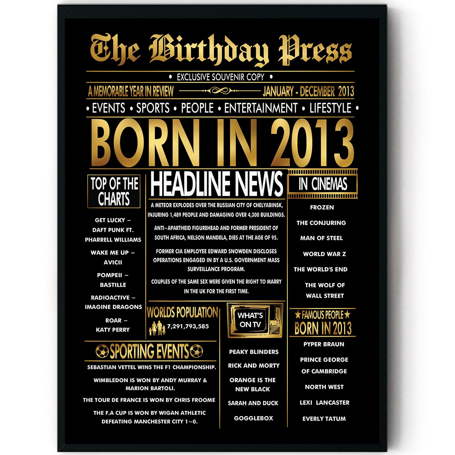 Stuff4 Gold 13th Birthday Poster Framed - Golden Born In 2013 Newspaper - Happy 13 Birthday for Boys Girls Retro Vintage Gifts Back In 2013, 8x10 Inch Bday Party Decor Decoration