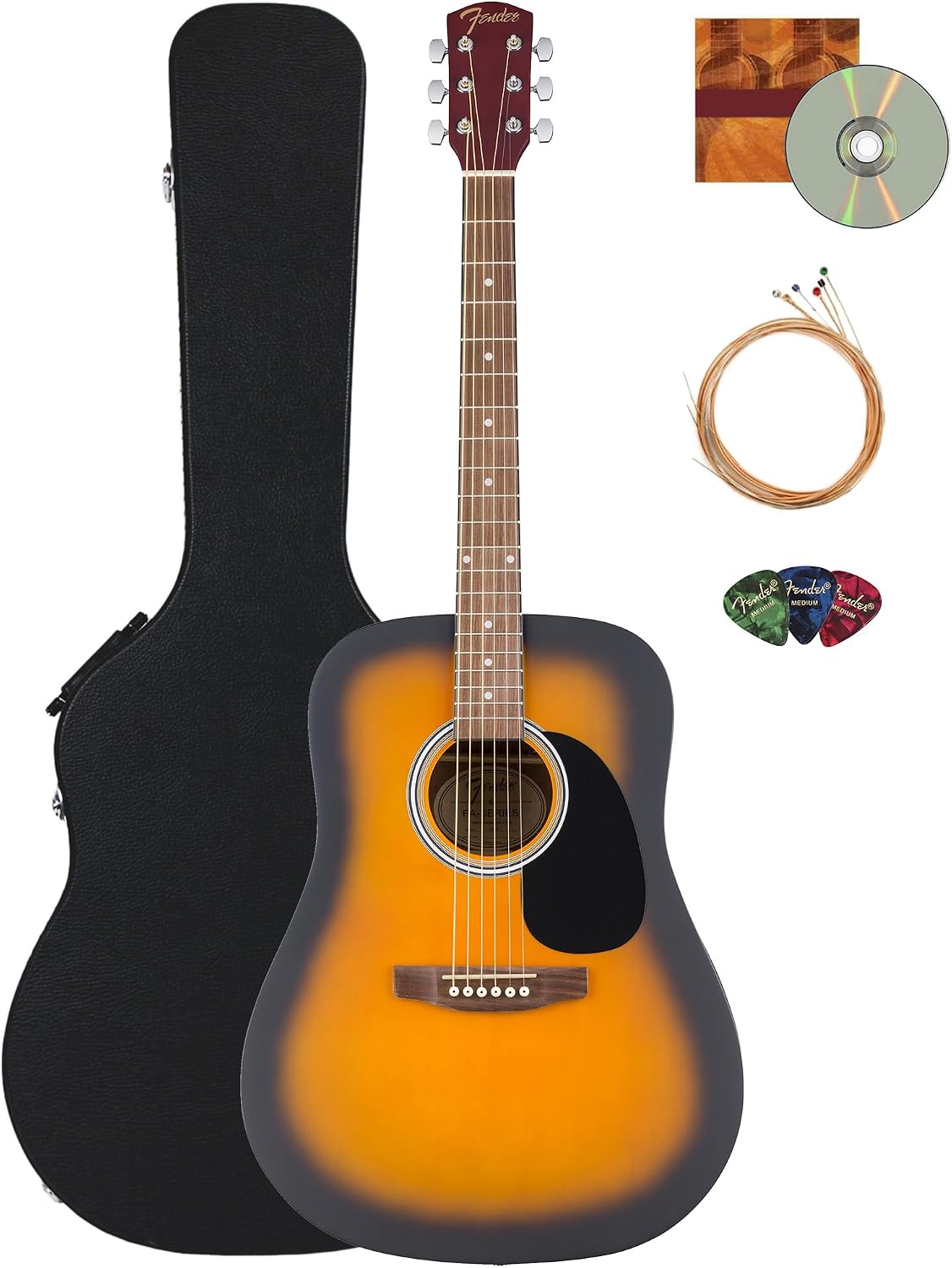 Fender FA Series Dreadnought Acoustic Guitar - 2-Color Sunburst Bundle with Case, Strings, Picks, and Austin Bazaar Instructional DVD