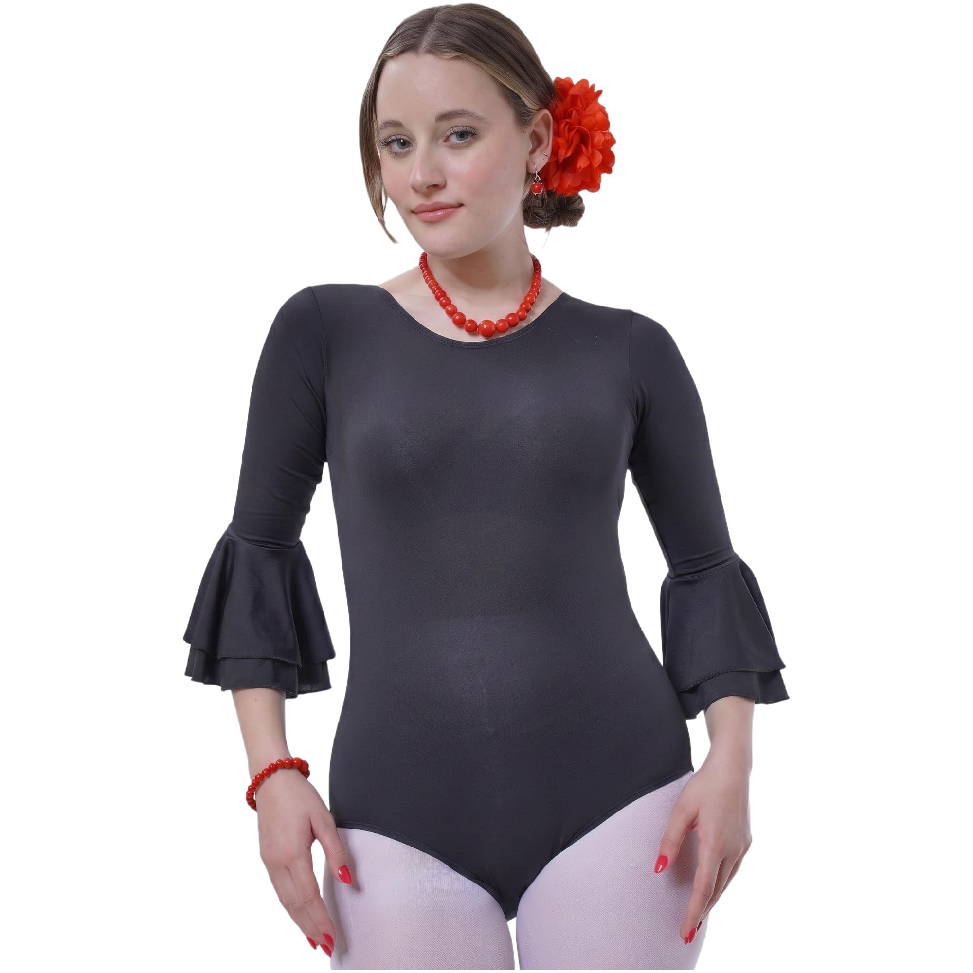 Carnavalife Body flamenco mujer negro maillot danza manga larga con volante, leotardo gimnasia ballet sevillanas, escote redondo, ribete rojo — view 4