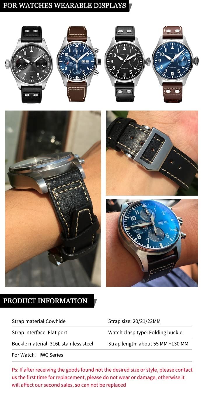 Correas de reloj de piel de becerro de 20 mm, 21 mm, 22 mm, para IWC Mark LE PETIT PRINCE IW327004 IW377714 Big Pilot Accesorios hebilla plegable (negro C, hebilla rosa de 21 mm), 21mm rose