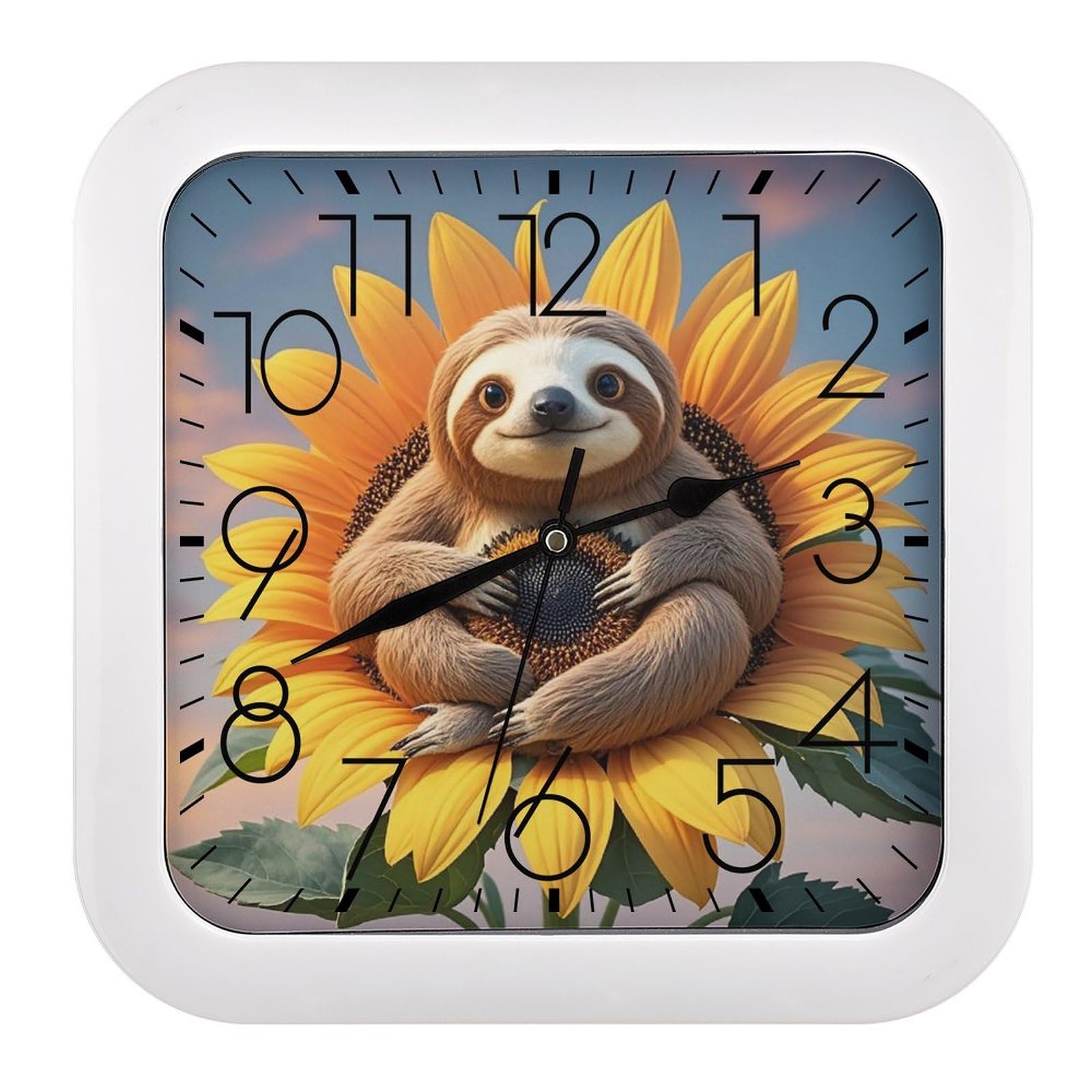 LZQPOEAS Sloth Sitting on Sunflower Wall Clock Fashionable Versatile Silent Wall Clock Simple Elegant Non Ticking Analog Clocks Easy to Install Square Modern Clocks for Home Decoration
