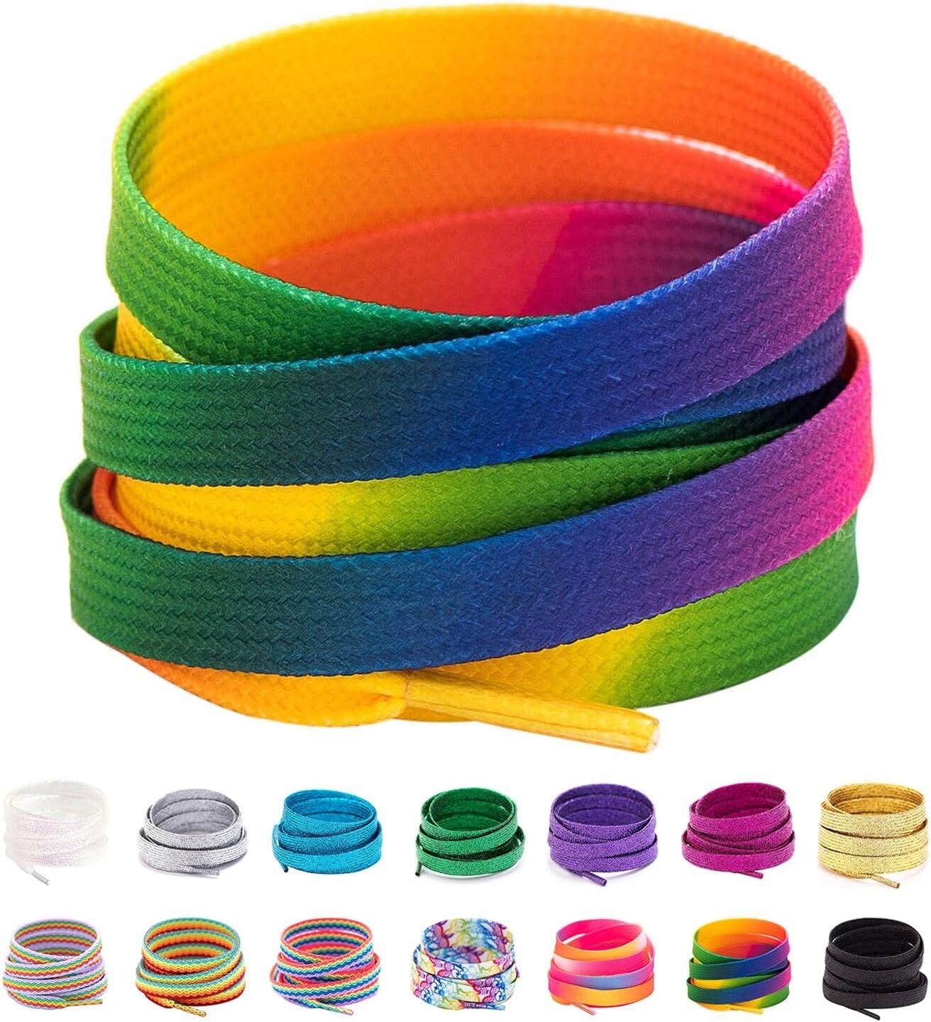 Booyckiy flat cocorful fashion sneakers shoe laces, 8mm wide rainbow shoe laces