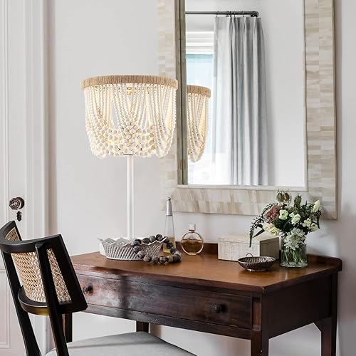 Miniatura 4 de VILUXY Lámpara de mesa bohemia con cuentas de madera, mesita de noche rústica antigua, acabado blanco para dormitorio, guardería, habitación de