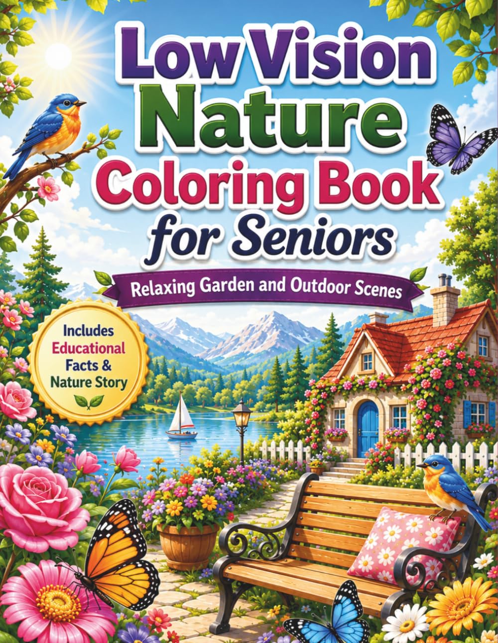 Low Vision Nature Coloring Book for Seniors: Relaxing Garden and Outdoor Scenes with Bold and Easy Designs: 50 Large Print Nature Illustrations ... Landscapes for Stress Relief and Relaxation