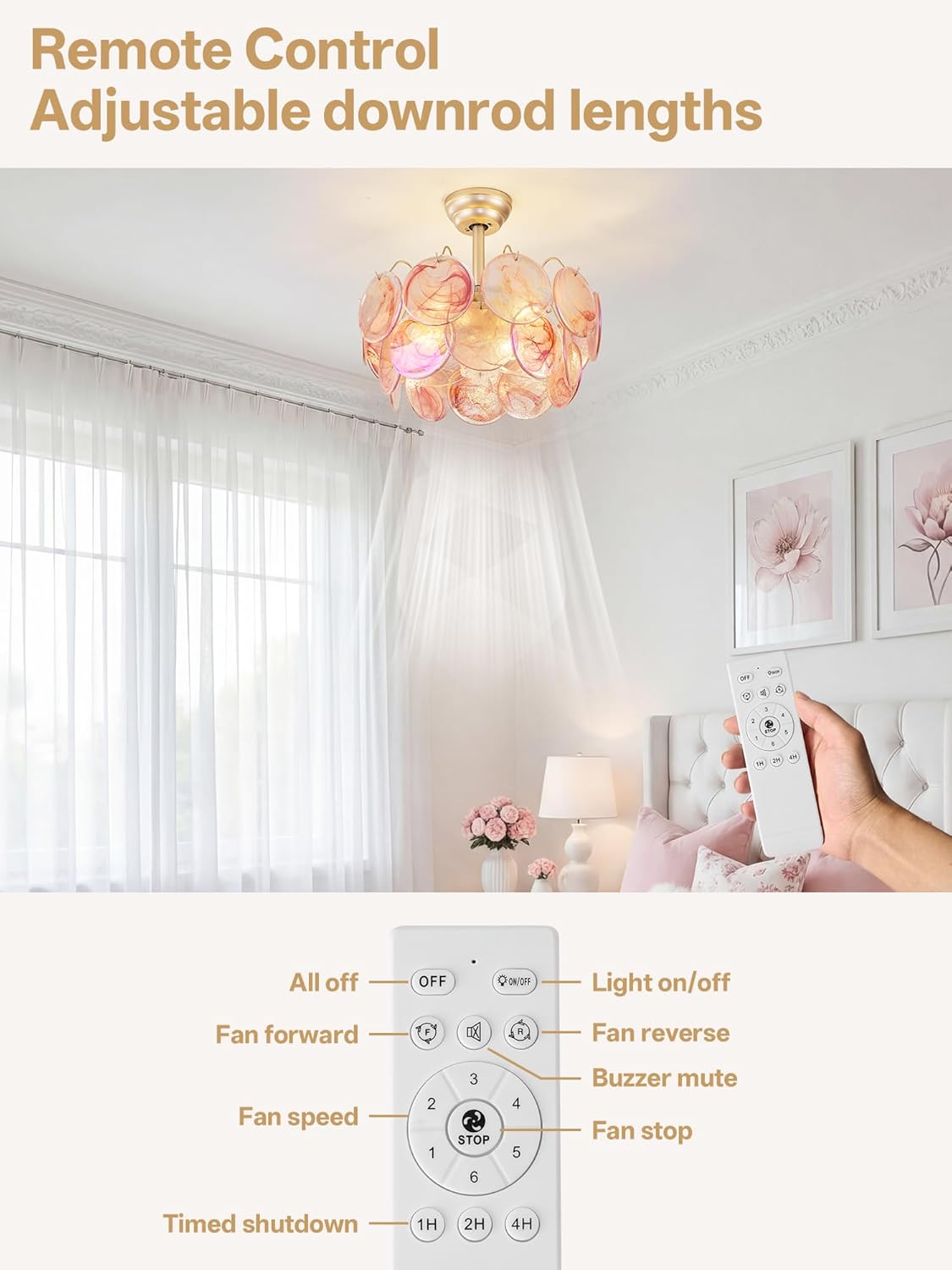 20" Gold Crystal Fandelier Ceiling Fans with Lights, Gold Flower Chandelier Ceiling Fan with Light Remote Control, Caged Fancy with 6 Speeds for Girl's Bedroom, Living Room, Nursery (Pink)