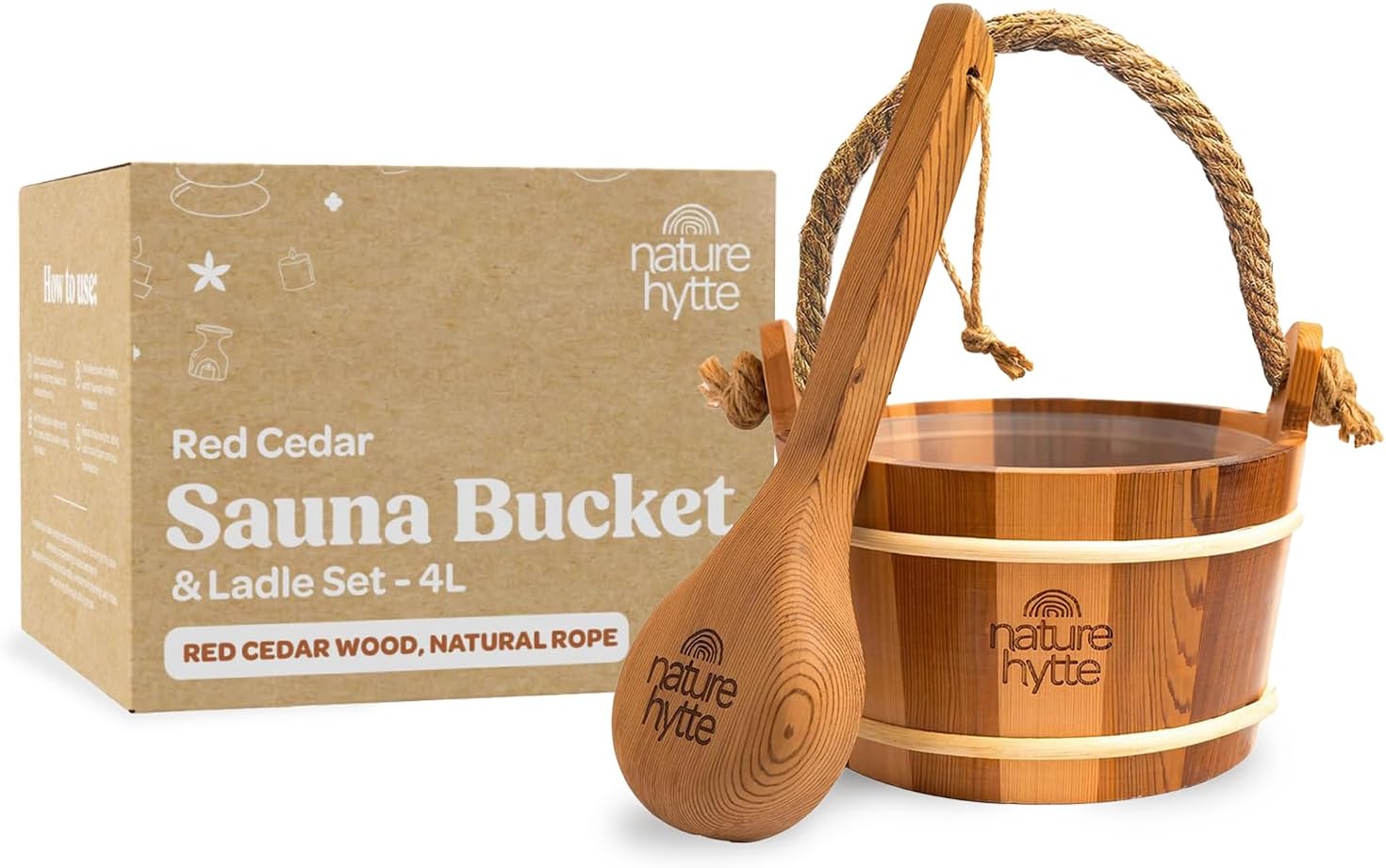 Red Cedar Sauna Bucket and Ladle Set 4L (1 Gallon) - Natural Rope Handle - Premium Red Cedar Wood - Natural Aroma - Elegant Gift-Ready Packaging