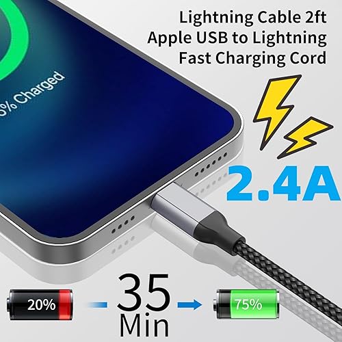 Miniatura 4 de Cable de carga para iPhone de 2 pies, paquete de 2 cables USB a Lightning certificado MFi de 2 pies para automóvil, cable corto trenzado de carga