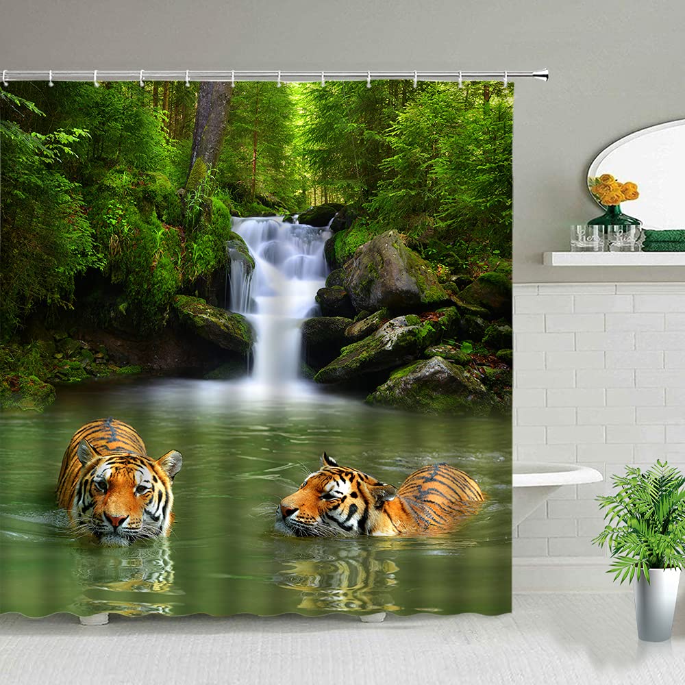 YUAOEUR 3D Image Tropical Waterfall Tigers Lake Shower Curtain Jungle Forest Picture Outdoor Garden Green Trees Bathroom Personalized Decor Fabric with Hook 71X 71 inch Green White