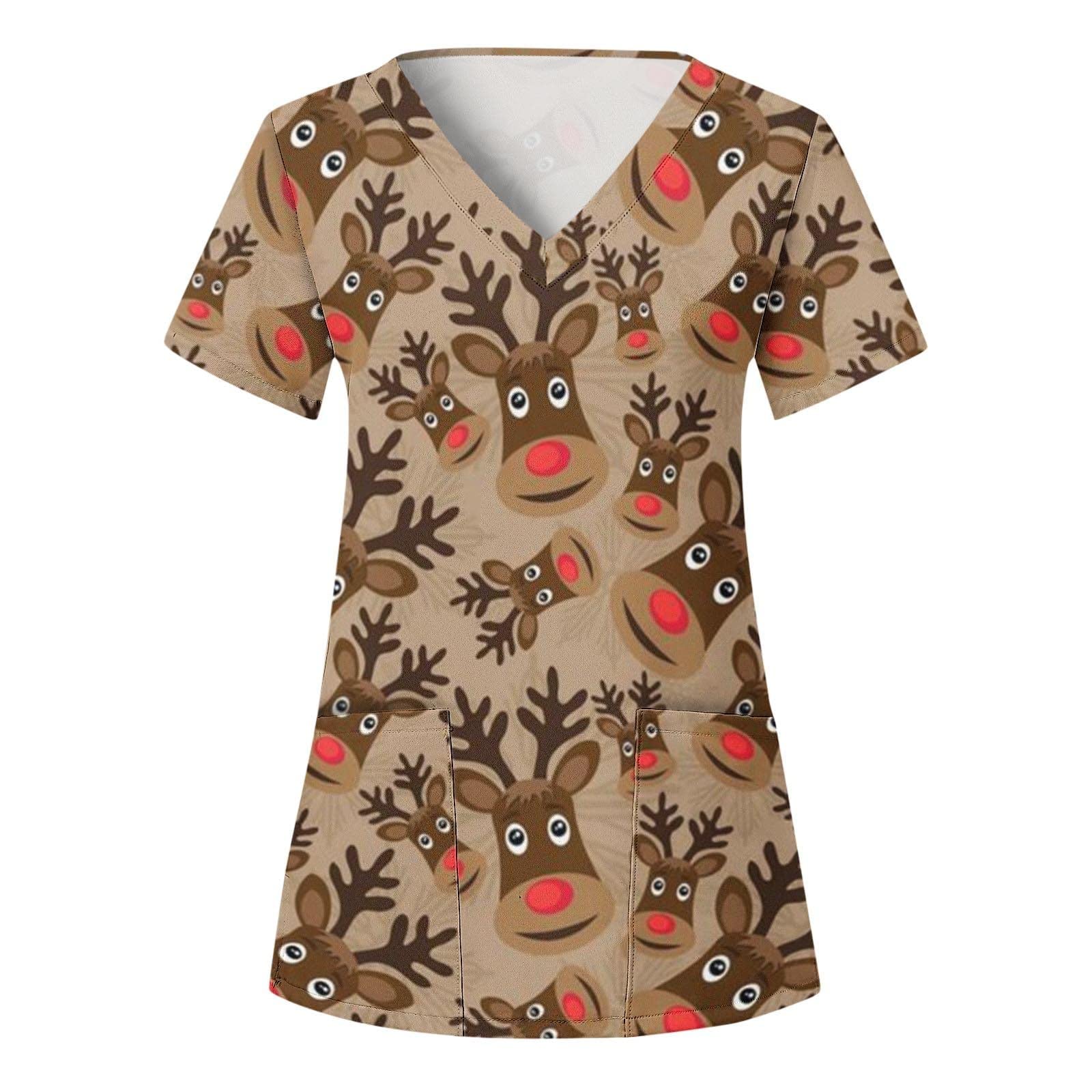 Christmas Scrub Tops For Women Casual V Neck Short Sleeve