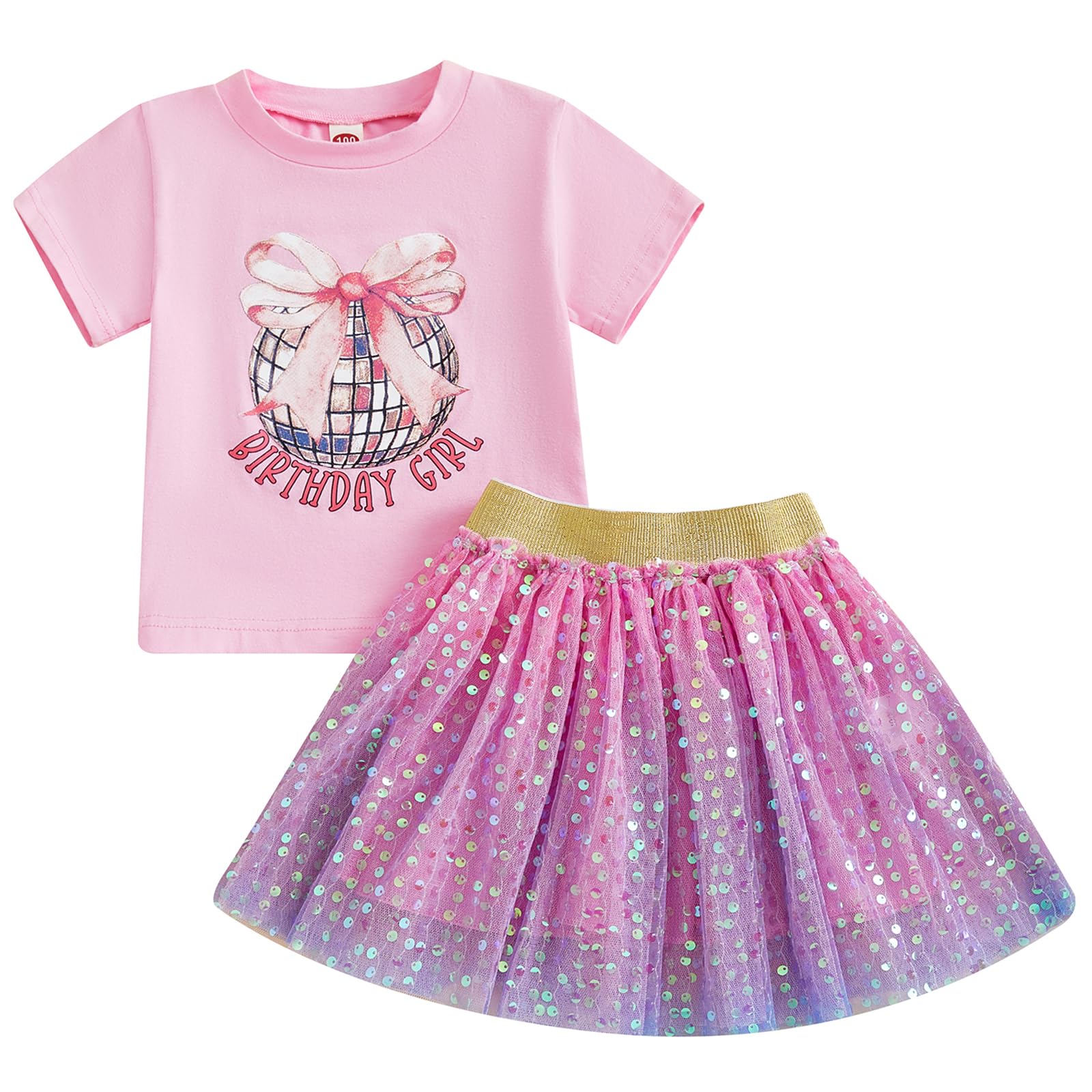 Kayotuas Toddler Girl Summer Outfits Bow Embroidery Short Sleeve T-shirt and Sparkle Tutu Skirt Cute Sister Matching Dresses