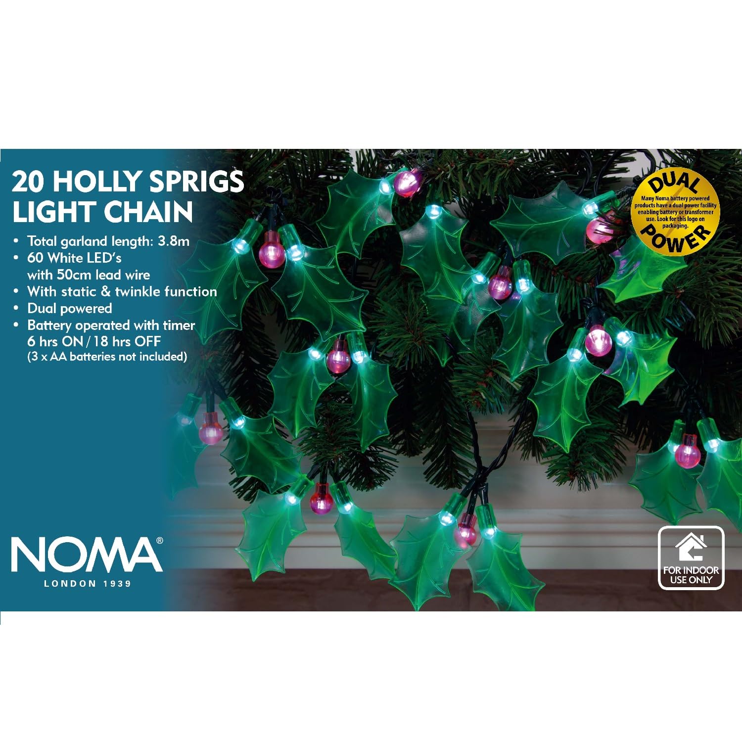Battery Powered Green Holly Christmas Lights with Red Berries