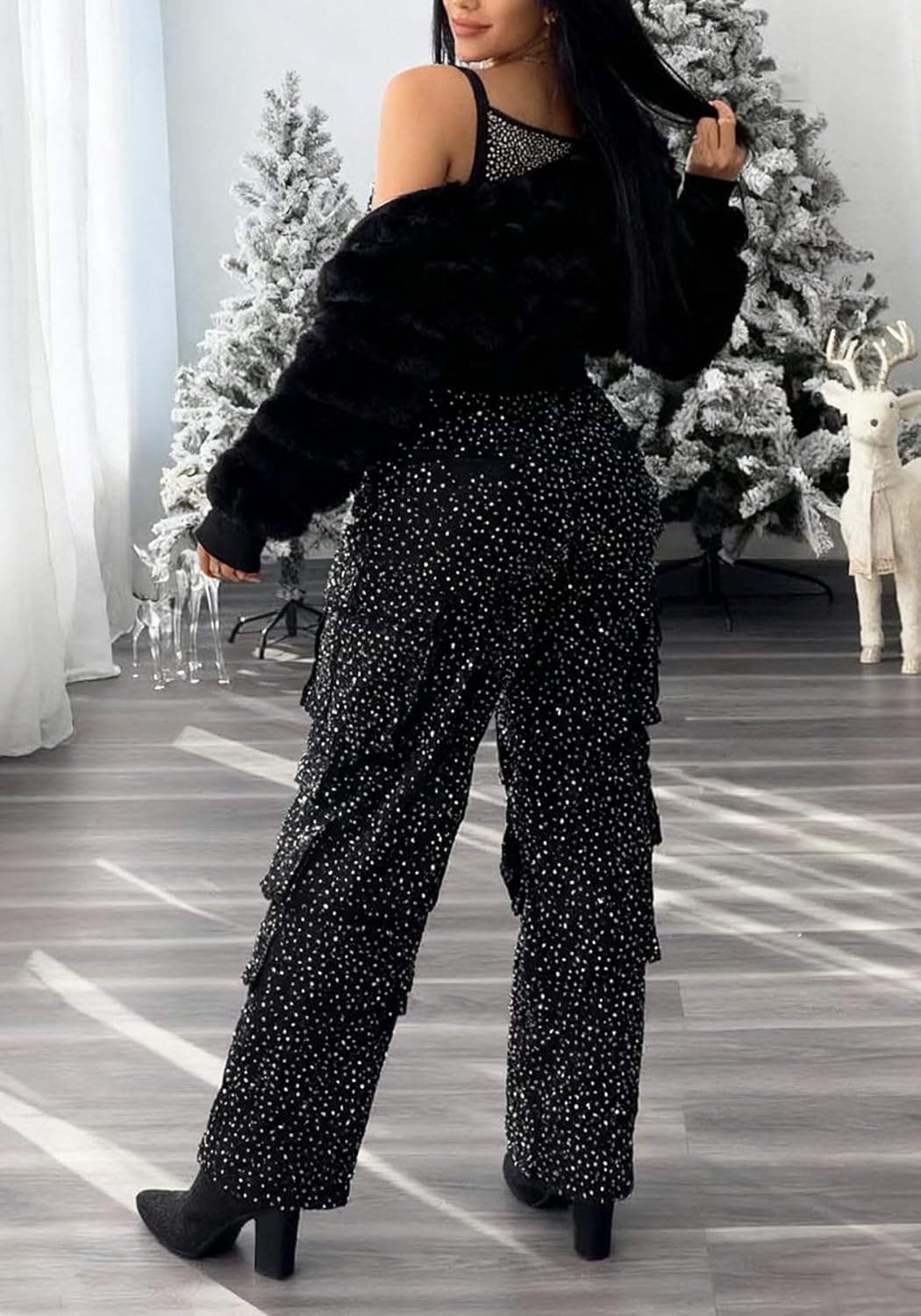 LETSVDO Women's Rhinestone Cargo Jeans Baggy High Waisted Wide Leg Sparkly Denim Pants Stretch Glitter Bling Trousers - Image 6