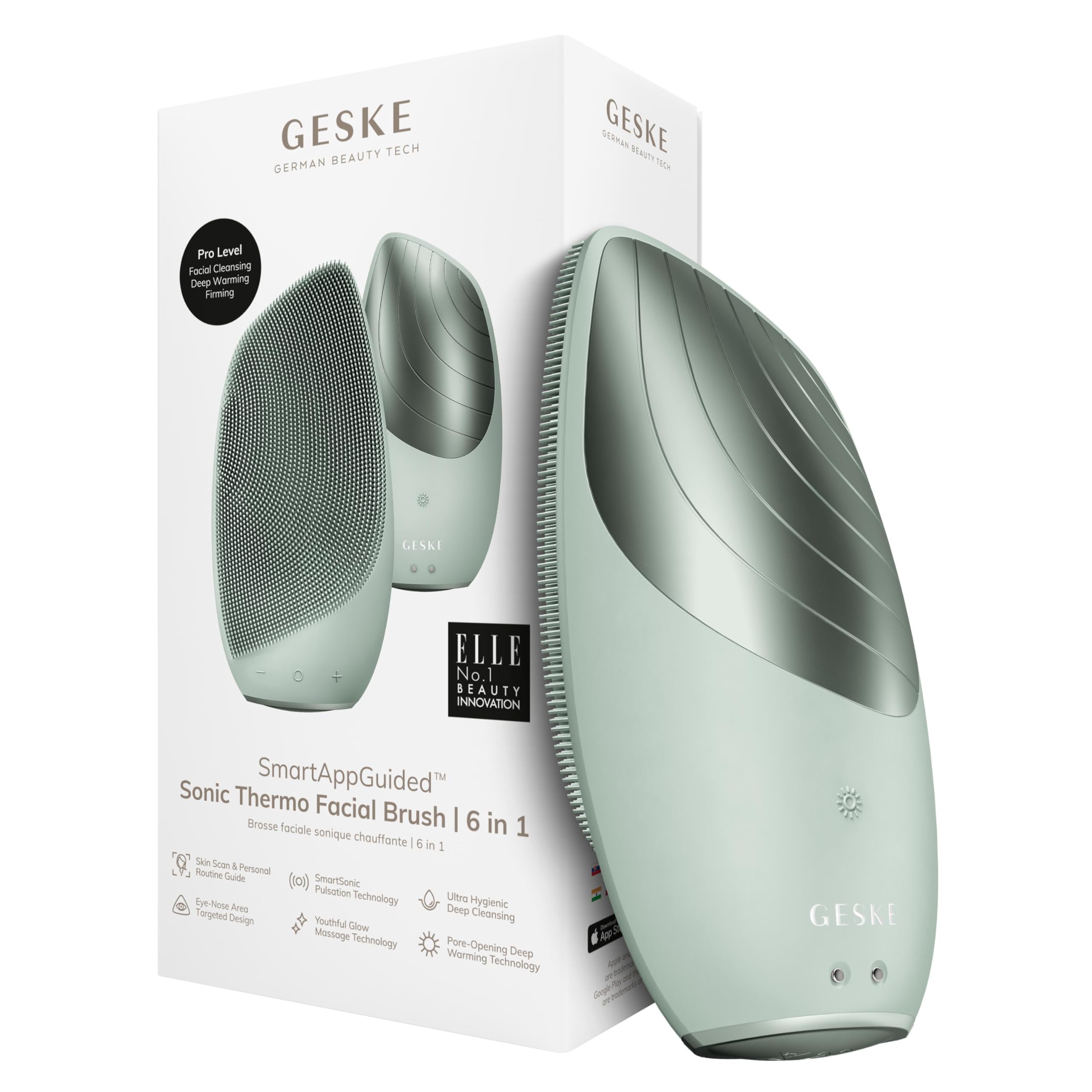 GESKE SmartAppGuided™ Sonic Thermo Facial Brush | 6 in 1 | Skin Cleansing | Cleansing Brush with Thermal Function | Facial Massager | Electric Facial Brush | Facial Cleansing Device