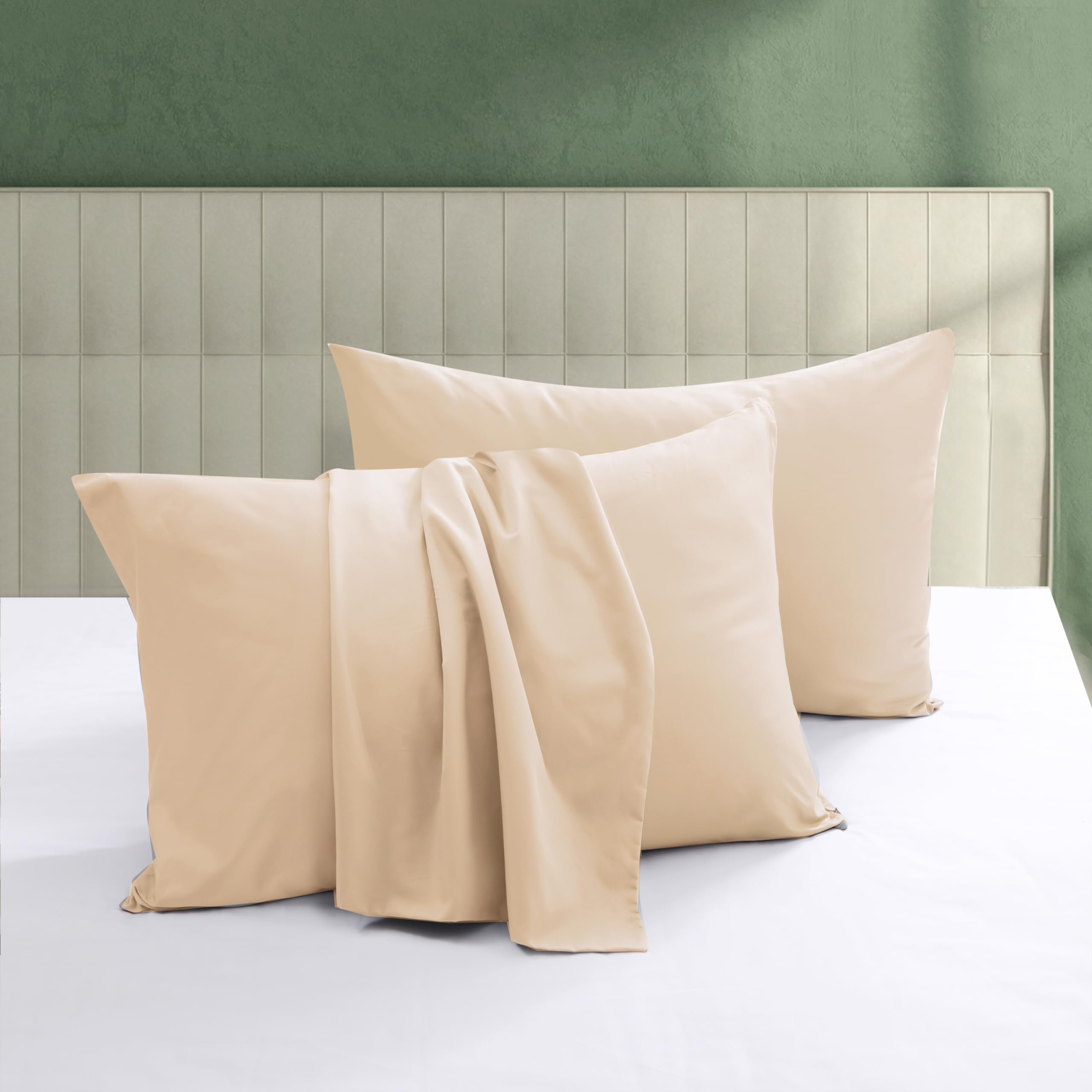 100% Egyptian Cotton Pillow Protectors Set of 4 Queen Size | 600 Thread Count Pillow Cases with Zipper, Silky Soft Sateen Weave Pillowcases, Breathable, Luxury Hotel Quality, Beige