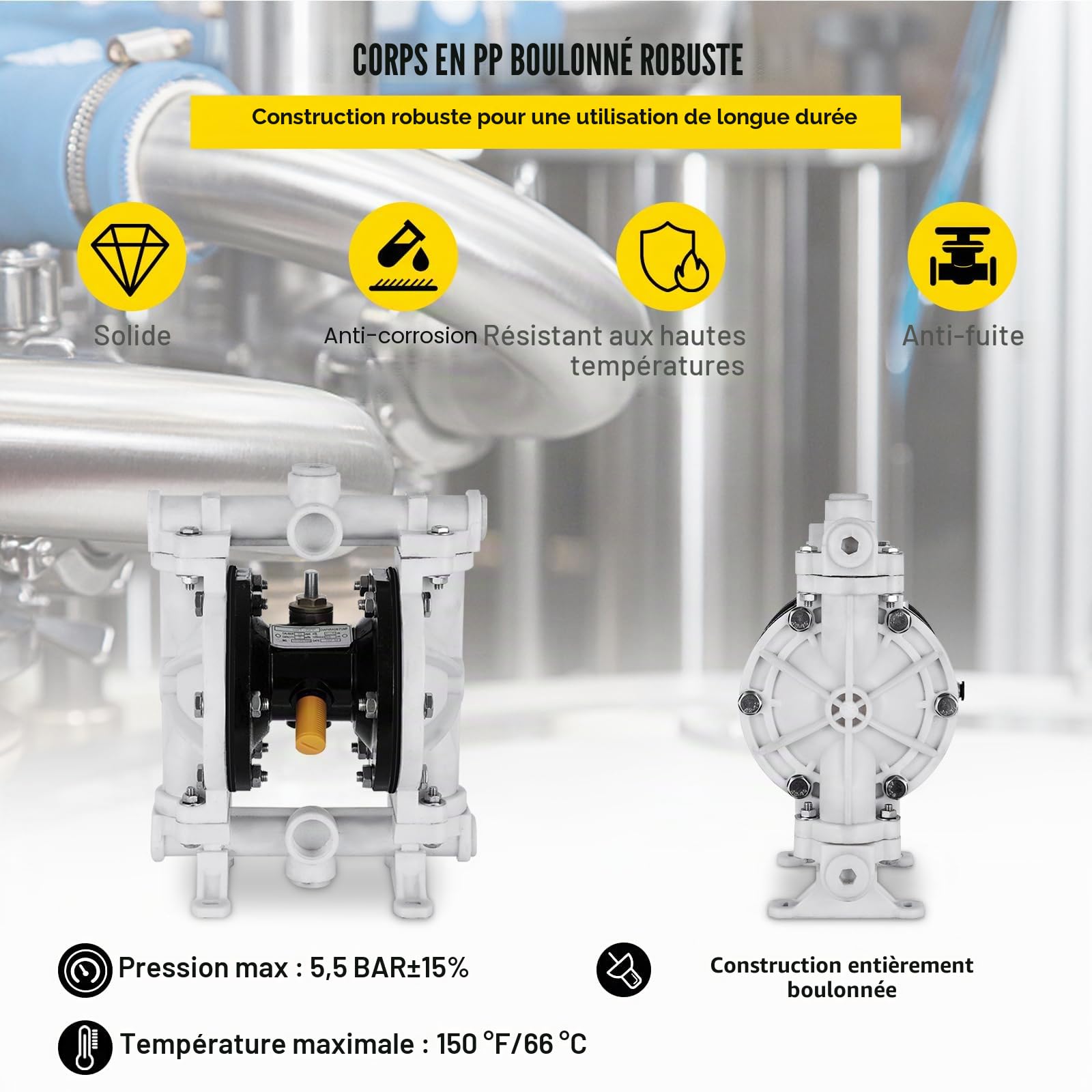 VEVOR Pompe pneumatique à double membrane, entrée et sortie 12,7 mm, 13,2 GPM et max 120 psi, pompe de transfert pneumatique à membrane PTFE pour pétrole, diesel, huile, fluides à faible viscosité