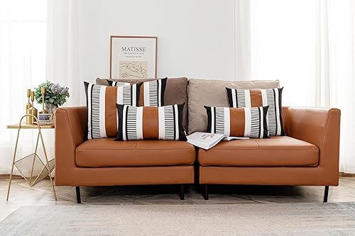 Miniatura 8 de Fundas de almohada de estilo rústico a rayas de 26 x 26 pulgadas, fundas de almohada decorativas de piel sintética en blanco y negro para sofá,