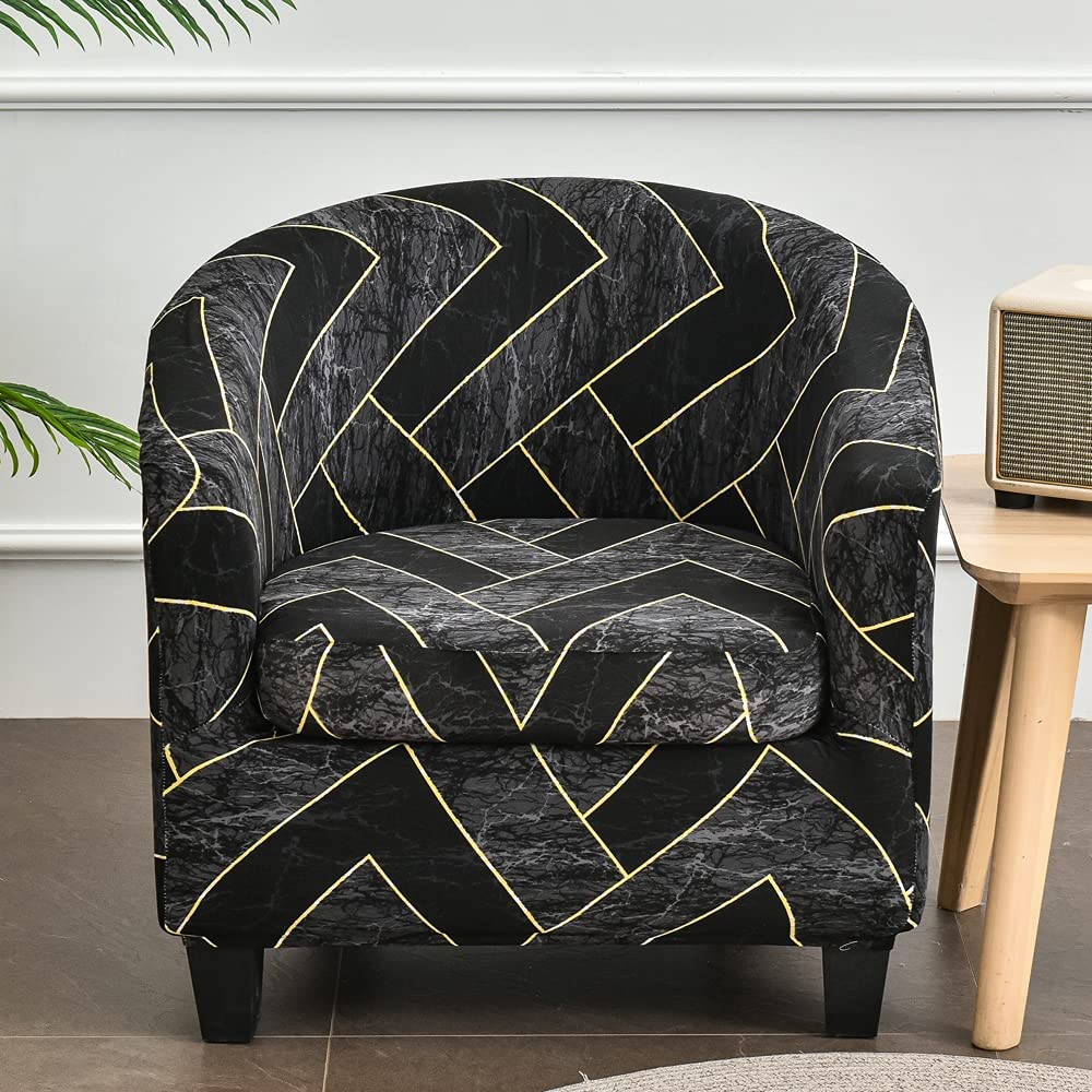 Highdi Black Marbling 2 Piece Tub Chair Cover For Armchair, Fashion Geometric Slipcovers Cushion Cover Stretch Dust Proof Removable Washable Furniture Protector Covers For Club Tub Chair (Black Marbling)