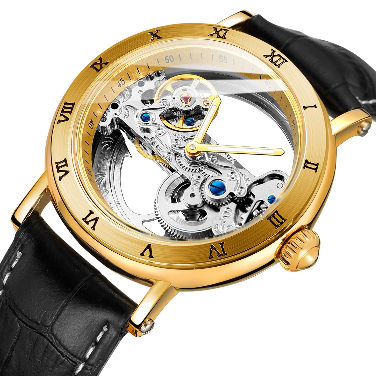 FORSINING Reloj de esqueleto de diseño único con movimiento automático y esfera analógica, estilo popular, con correa de cuero