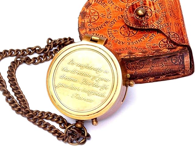 Go Confidently Quote Engraved Twist Open Brass Pocket Compass With Leather Case, Directional Magnetic Navigational Compass, Nautical Compass, Gift Compass