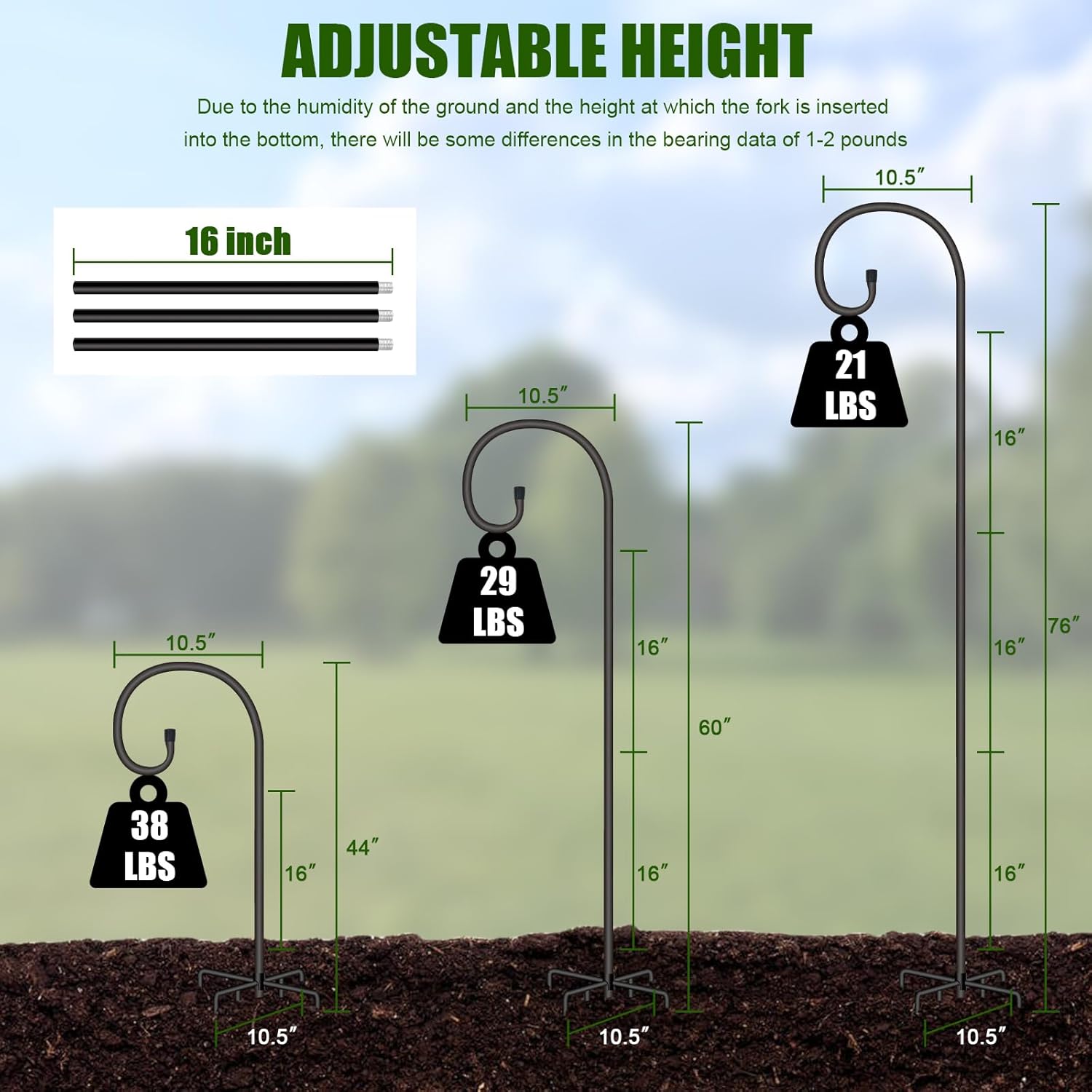 Adjustable Shepherd Hook for Outdoor 76 Inch Bird Feeder Pole with 7 Prongs Base, 5/8 Inch Thick Heavy Duty for Hanging Bird Feeder, Plant Basket