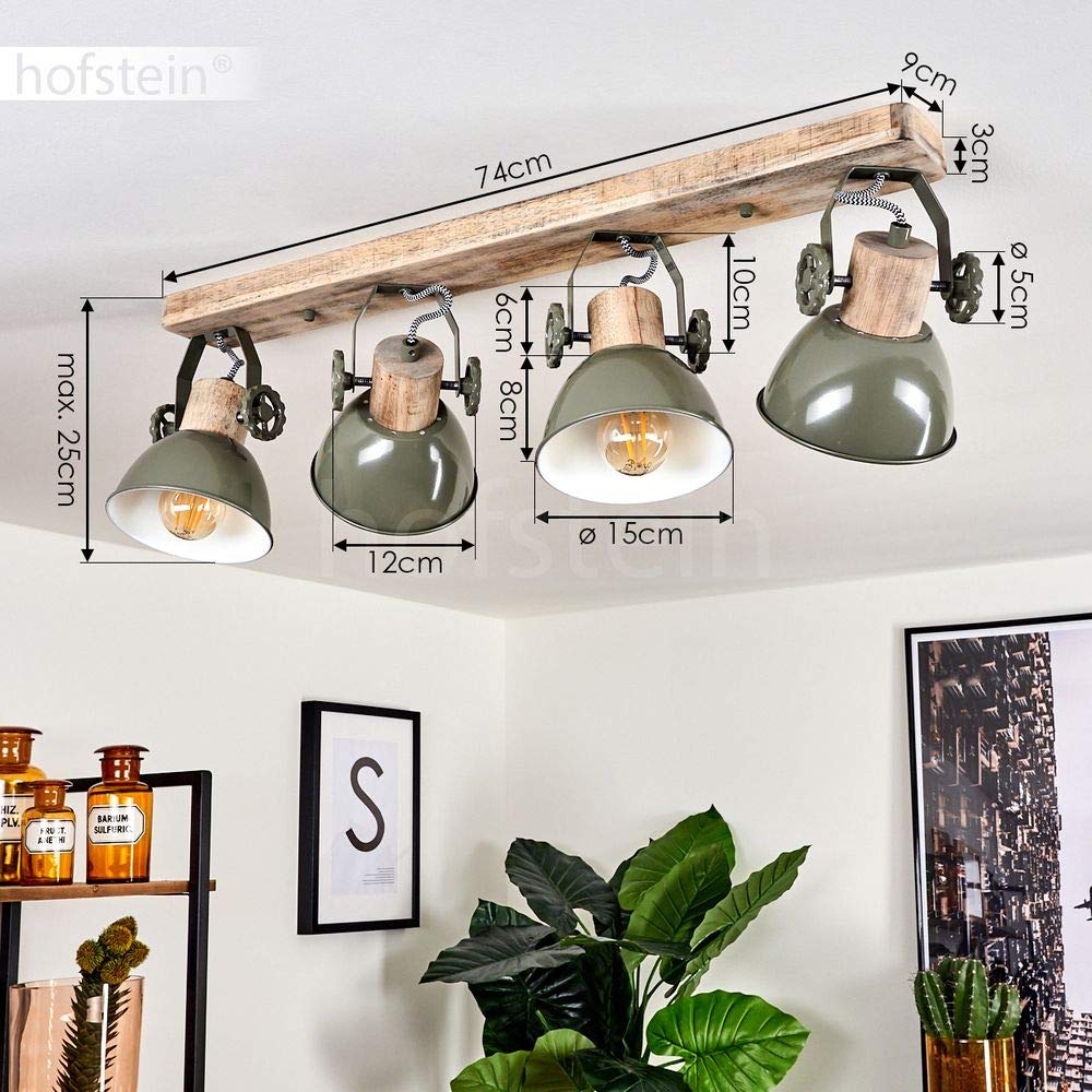 Lámpara de techo Orny, foco de techo de 4 luces de madera y metal en verde, lámpara de interior de aspecto industrial/vintage, 4 x E27, las cabezas de las lámparas son ajustables,sin bombilla(s)