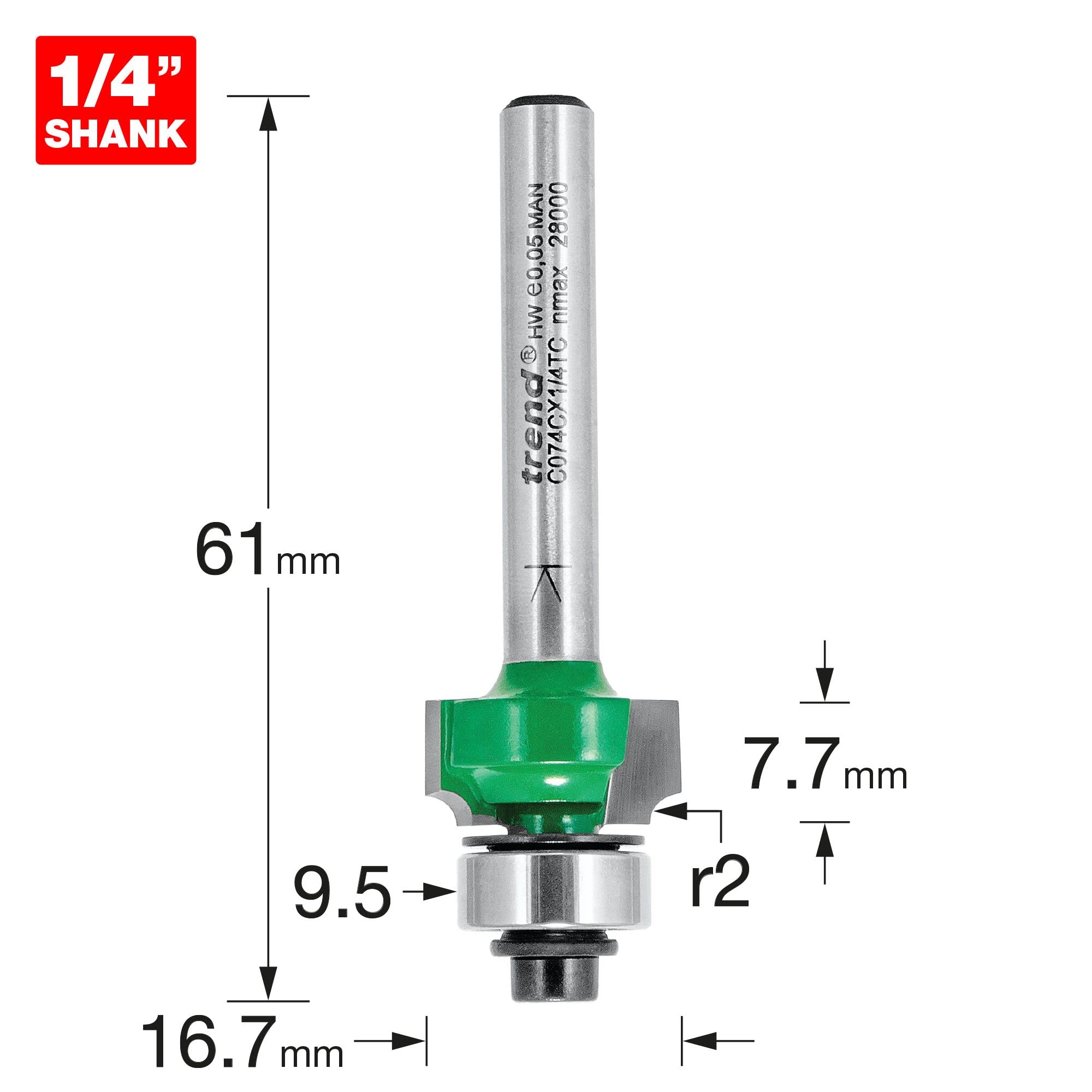 Trend CraftPro frez zaokrąglający z prowadzeniem do frezarki górnowrzecionowej, trzpień 1/4 cala, promień 2 mm, długość cięcia 9,5 mm, zawiera wiele łożysk, węglik spiekany (TCT), C074CX1/4TC