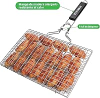 Vista 2 de Cesta para asar pescado, plegable, portátil, de acero inoxidable, para pescado, verduras, camarones con mango extraíble, viene con cepillo