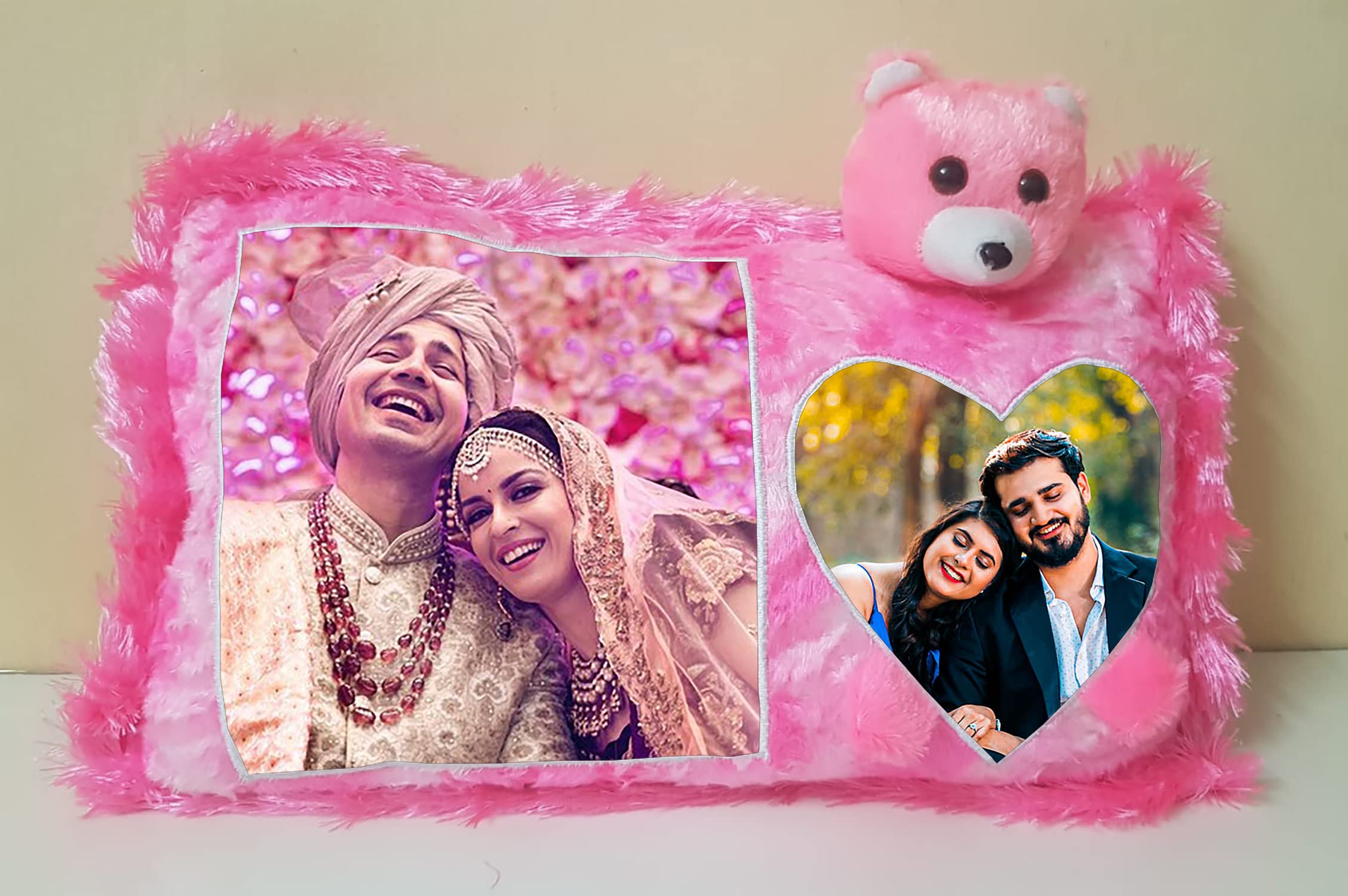 Gugan's Teddy Bear-Shaped Personalized Led Fur Cushion with Photo | Soft Velvet Pillow Gift for Couples Friends Family | Ideal for Valentine’s Day Birthdays Weddings & Anniversaries (12x18 Inch, Pink)