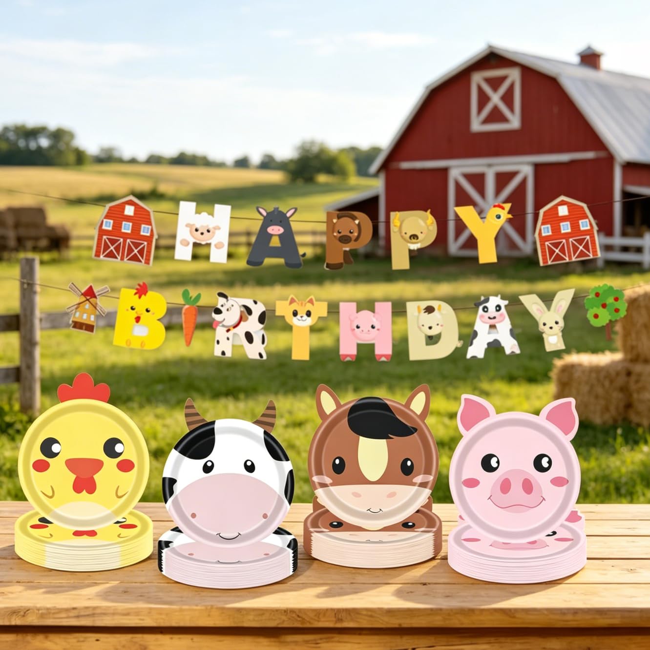 Lot vaisselle jetable ferme et banderole pour anniversaire sans corvée de nettoyage