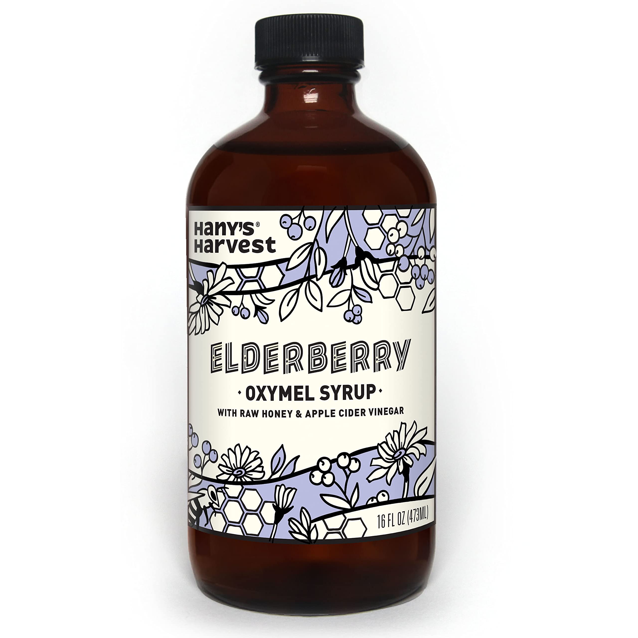 Hany's All Natural Elderberry Oxymel Syrup Traditional Herbal Formula with raw Honey, Unfiltered Apple Cider Vinegar and Lemon Plus Cloves, Cinnamon and Orange Peel Alcohol Free Cane Sugar Free 16 oz