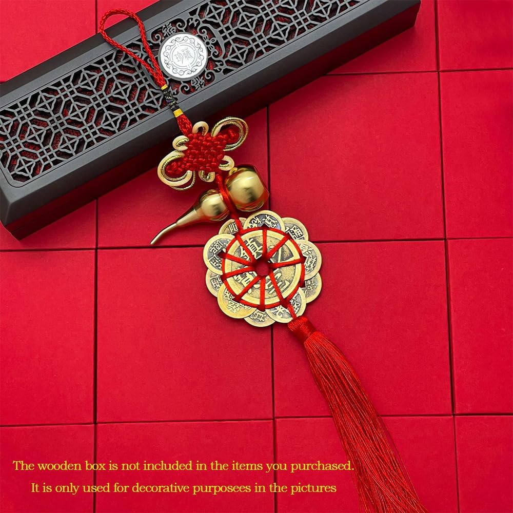 RCWG Chinese Feng Shui Coins, 2ps Red Chinese Knot with Tassels, Good Luck Charms, Blessing Gifts Bring Wealth & Success Lucky Coins for Rich 10 Coins Wealth-Bringing, Feng Shui Decor with Wu Lou