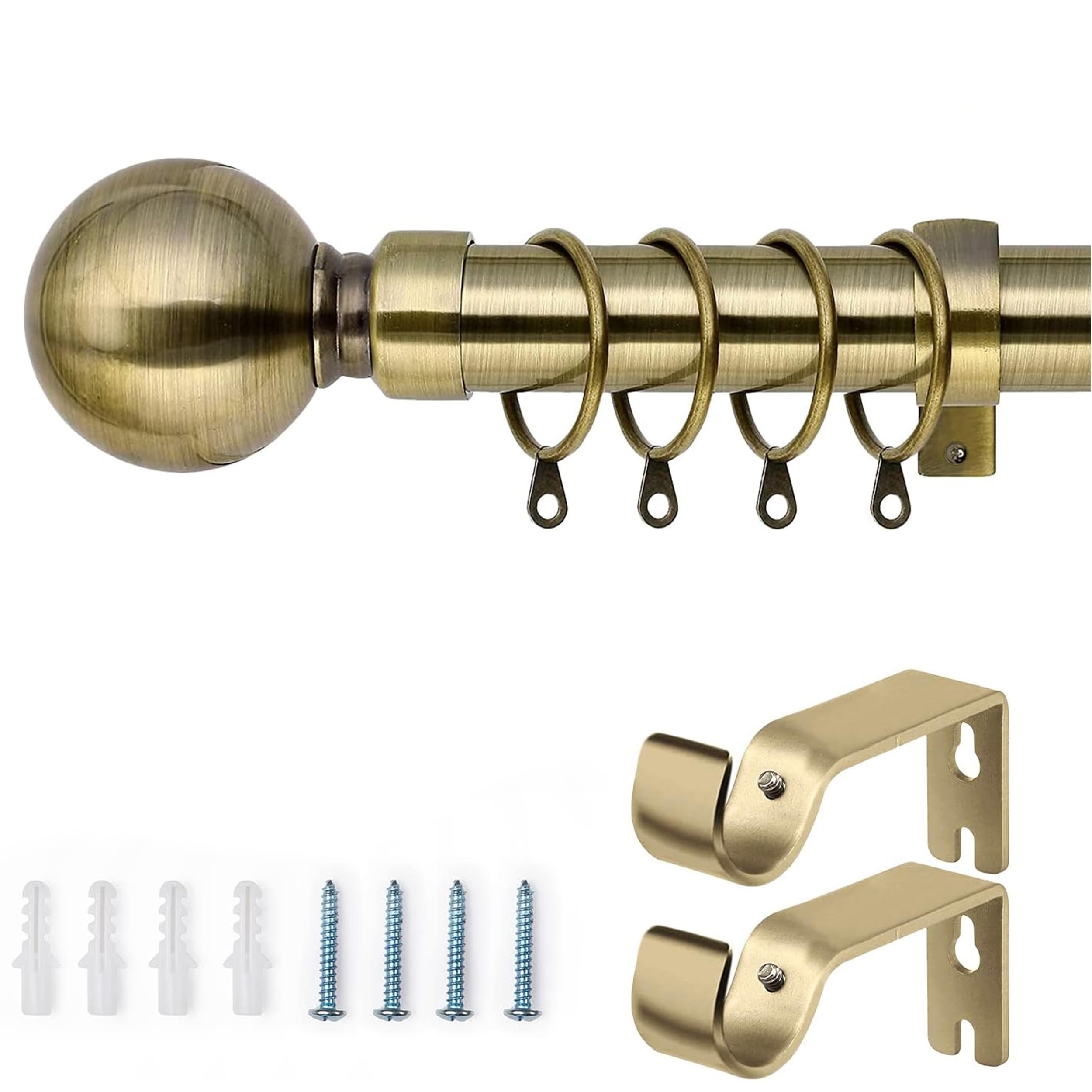 AMEHA Plain Metal Ball Curtain Poles Metal Extendable - Includes Curtain Rod, 60mm Size Finials, Rings, Brackets & Fittings Set (Antique Brass, 70-120 Cm, 63 Inches to 118 Inches)