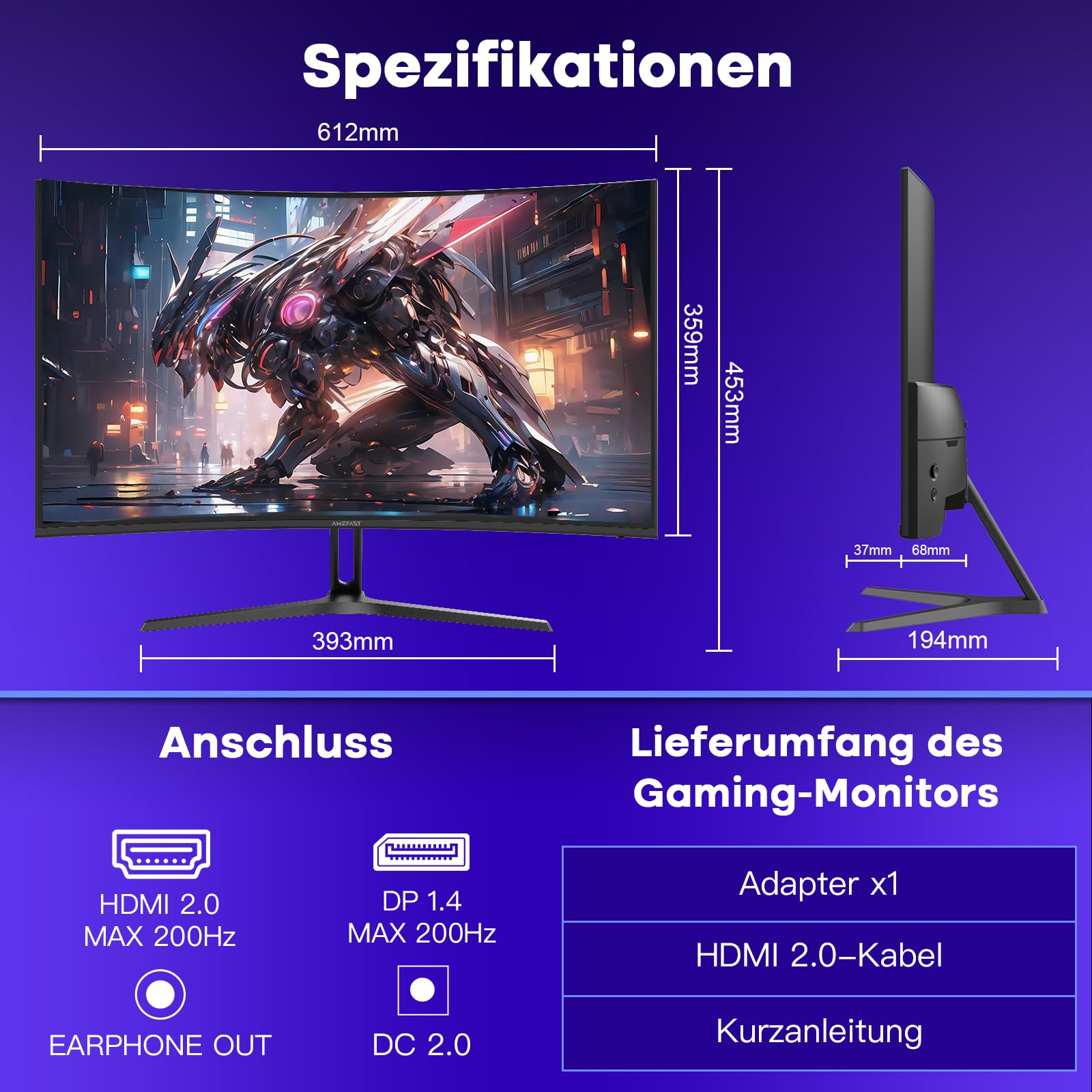 Amzfast 27 Zoll Curved Gaming Monitor 200Hz, 1920x1080 FHD, 1ms GtG, HDR, sRGB 130%, 1500R, VESA 100x100mm, HDMI 2.0&DP 1.4