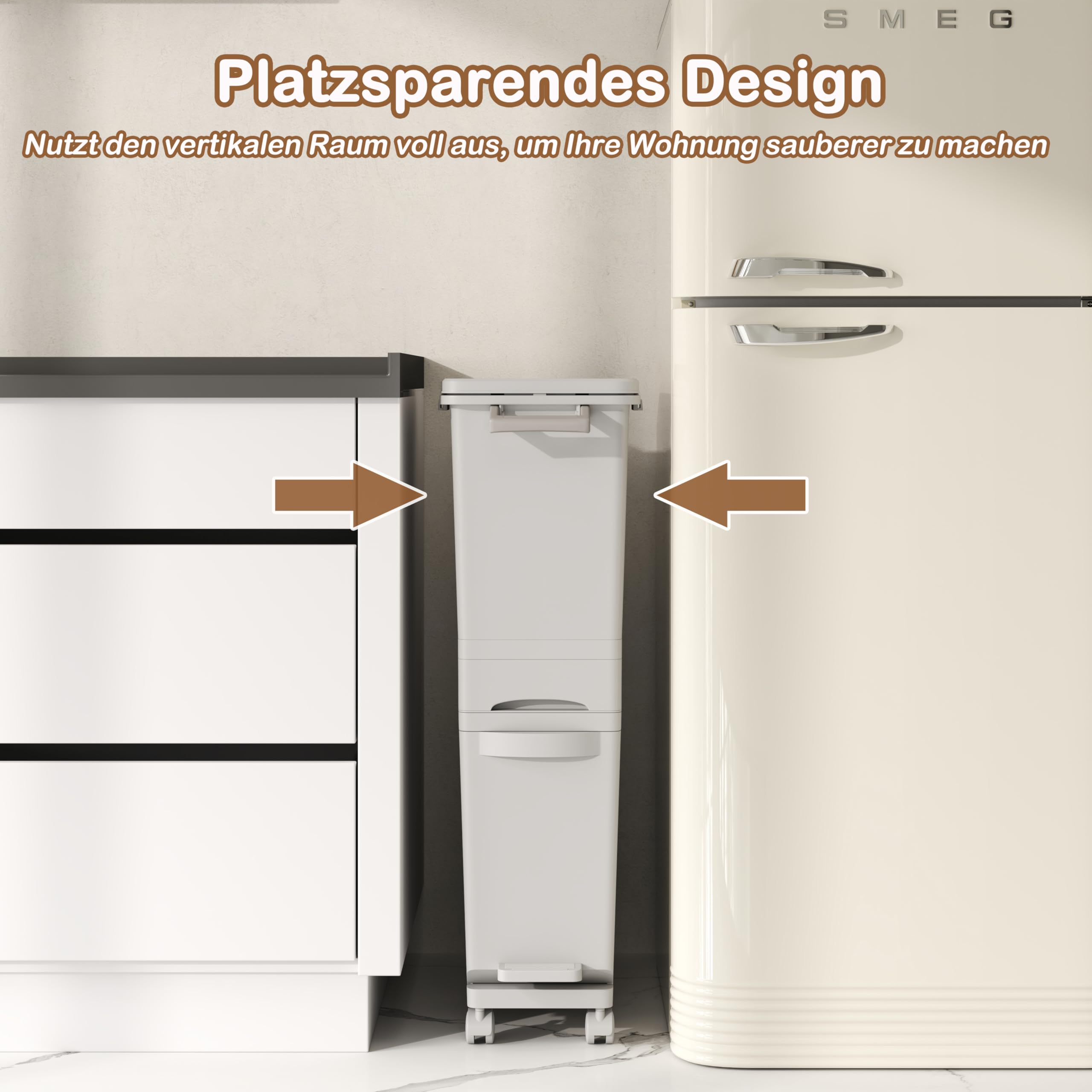 GIANTEX Mülleimer Küche 3 Fächer, 32 L Abfalleimer mit Deckel & Pedal, Tretmülleimer auf Rädern, Abfallbehälter mit Schublade & neigbarem Behälter, 3 in 1 Treteimer Mülltrennsystem mit Aufkleber, Weiß