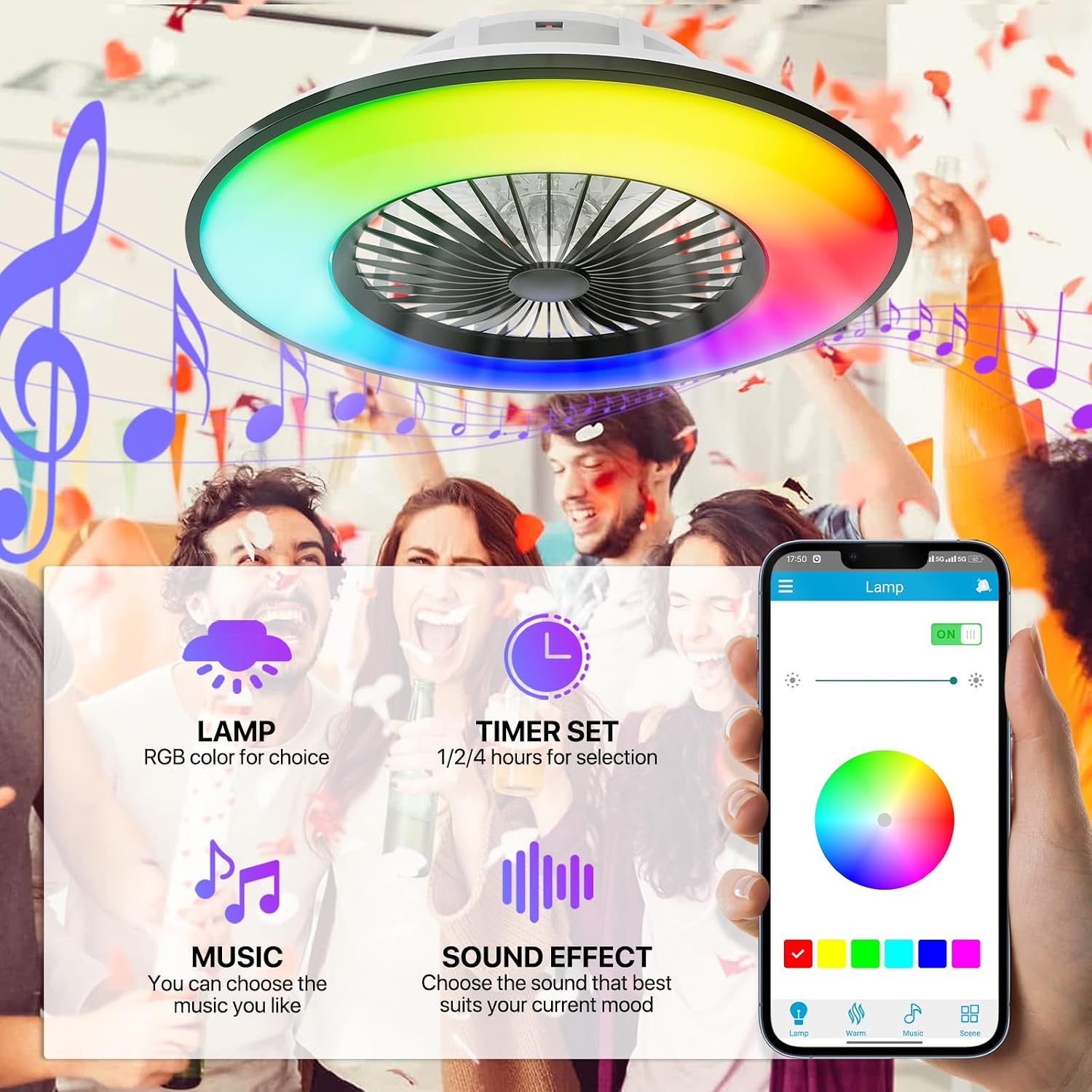 Magshion 22-inch Bladeless Ceiling Fan with RGB Light, Remote, Bluetooth Speaker, Flush Mount Modern Reversible Bladeless Ceiling Fans - Black